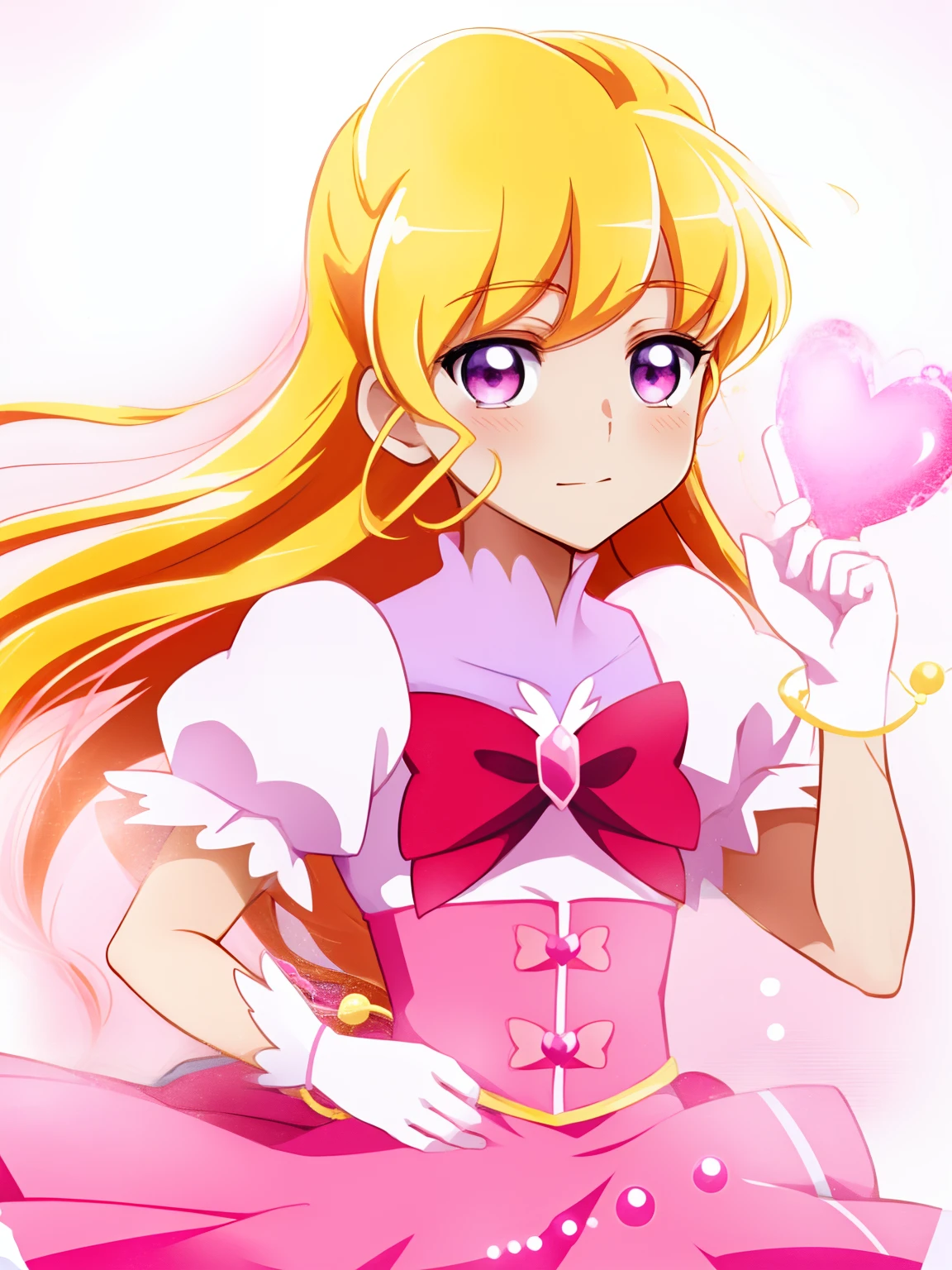 Anime boy in red dress with pink bow and pink heart, Portrait of a magical boy, Prince in anime, Magical Boy Anime Mahou Shōnen, Blonde long twin-tailed hair man, Candy Boy, Magical Boy, Dress Up Darling Anime, white glove, Magical Boy Style, Cool, marin kitagawa fanart, official artwork,