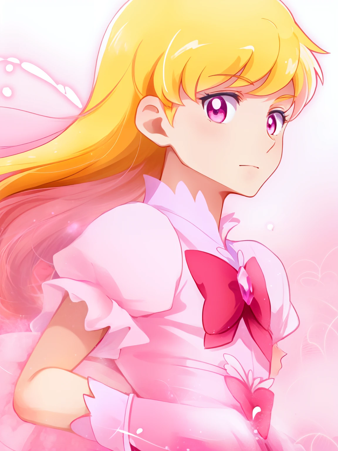 Anime boy in red dress with pink bow and pink heart, Portrait of a magical boy, Prince in anime, Magical Boy Anime Mahou Shōnen, Blonde long twin-tailed hair man, Candy Boy, Magical Boy, Dress Up Darling Anime, white glove, Magical Boy Style, Cool, marin kitagawa fanart, official artwork,