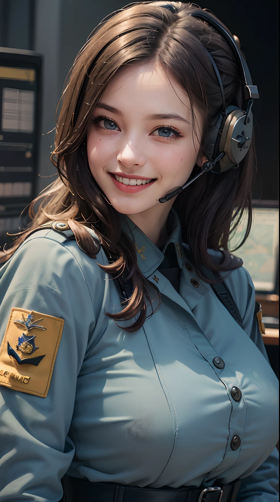 (best quality,4k,8k,highres,masterpiece:1.2), ultra-detailed, (realistic,photorealistic,photo-realistic:1.37), (beautiful detailed eyes, beautiful detailed lips, extremely detailed eyes and face), studio lighting, physically-based rendering,vivid colors, (big tits, super big tits, super extra big tits:0.8), (military or naval uniform, tactical headset, operations command center:1.5), (soft lighting:0.8), (portrait, smile and laugh:1.5),