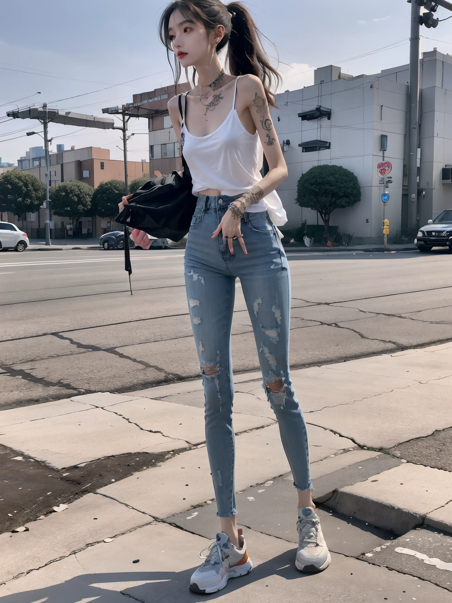 best qualtiy,Have on the street,one-girl,Fashion model,Back shadow,Slender and slender figure,Skinny,As thin as a whipping post,Smaller bust,bangle,with tattoos。athletic sneakers,denim pant,The legs are dirty,Girls excrete feces in their pants,Brown viscous substance,Perverted,nausea,artist wearing dirty,Wear dirty pants,excrement, vomit,polution,Dirty legs,Dirt stains cov