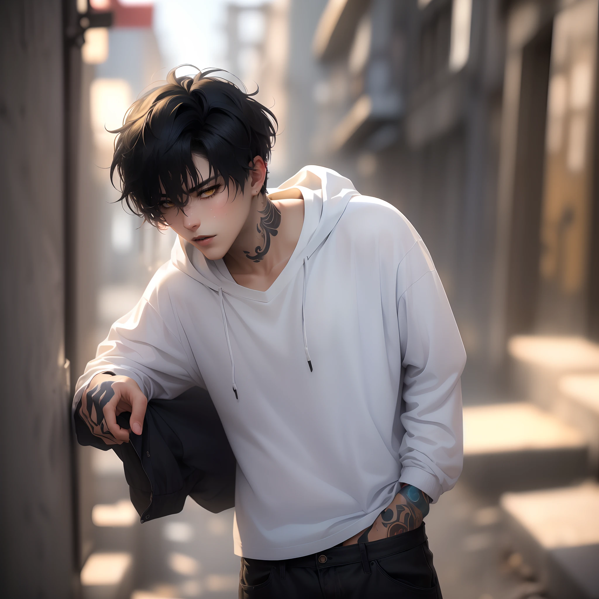 (4K works))、​masterpiece、(top-quality)、On the stairs of a deserted dark back alley、Korean Male、Adult male、((Adult 26 years old))、((Adult older brother))、((Face similar to Hyun Jin))、Cool Men、tall、((deadpan))、((I'm in a daze))、((Strong eyes))、((Wearing a white T-shirt and a hooded black jacket、White long trousers))、((smaller face))、Slim body、((hooligan))、((Black short-haired))、((Unkempt hair, rounded hairstyle))、((Both eyes are hidden by bangs))、((Yellow eyes))、((shot from a side angle))、((tattoo))、((His profile))、((Facing down))、((Shot alone))、((Solo Photography))、((Focus zoom in))、((Face enhancement))、((Shot close to the face))、((Face photography))、((Shot next to the face))