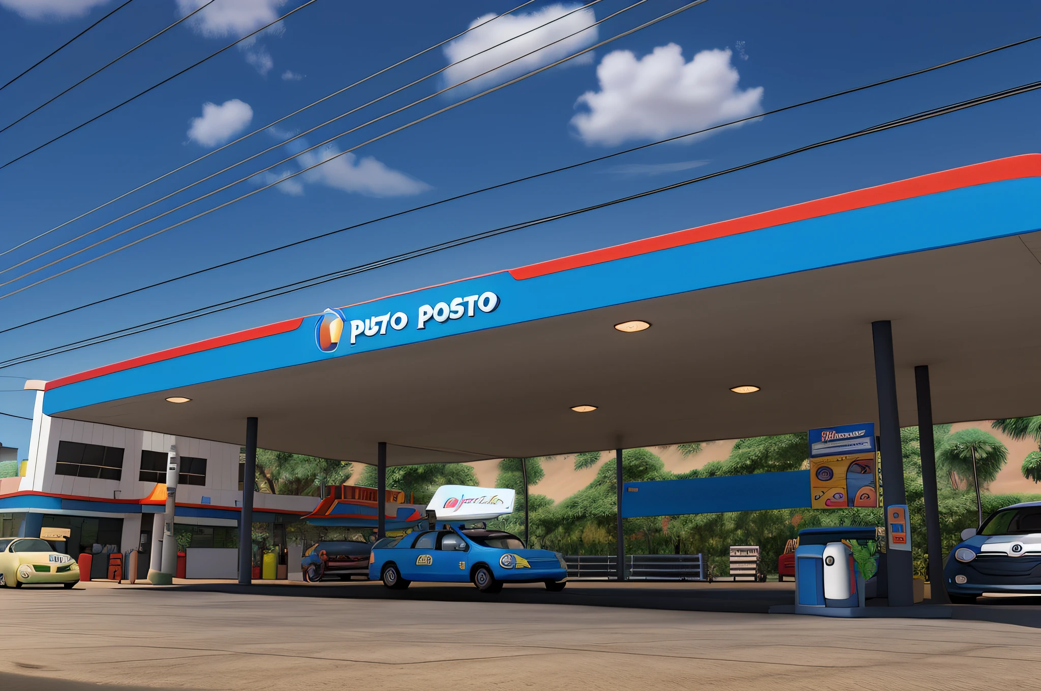 Um posto de combustivel estilo pixar com nome 2D Auto Posto, alta qualidade, melhor qualidade