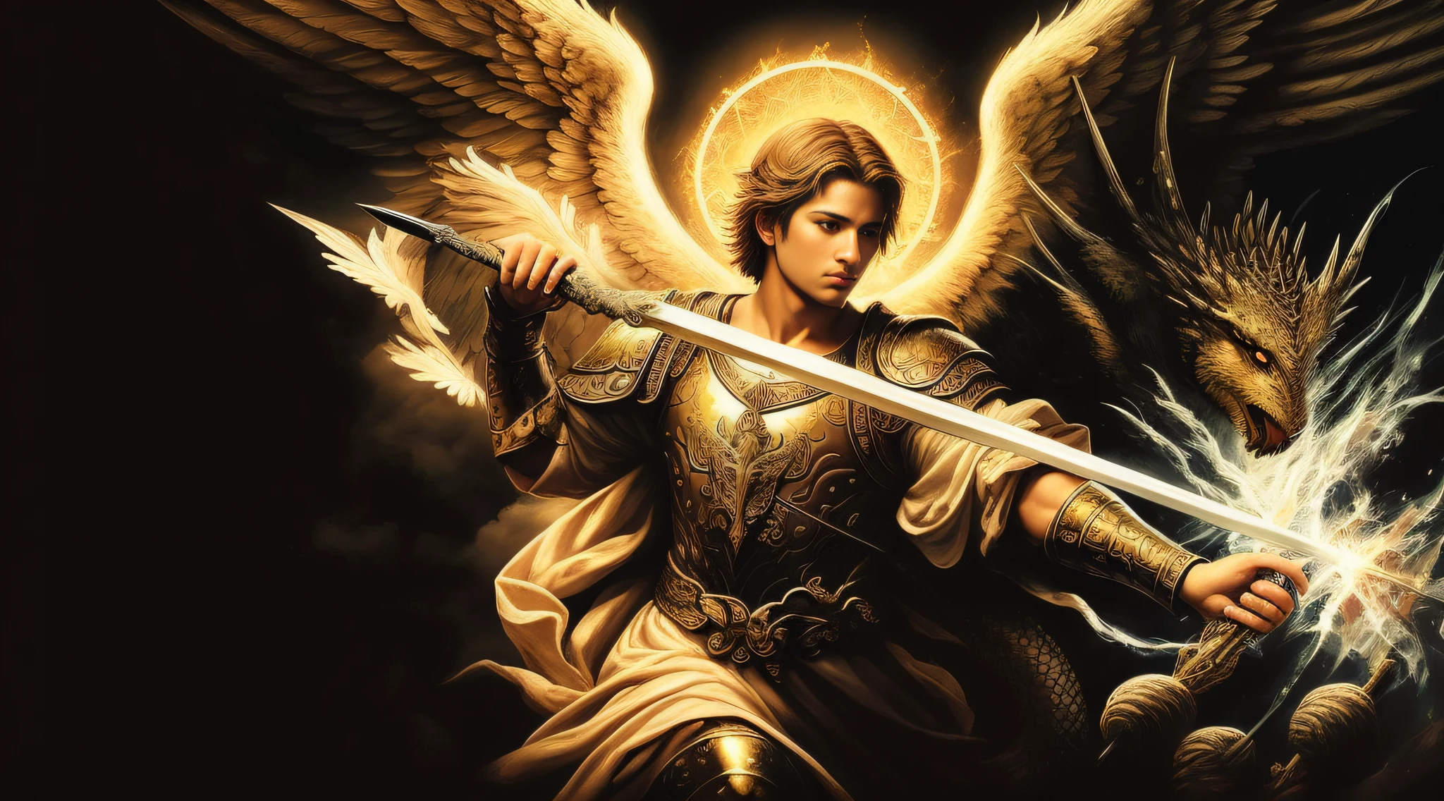 Painting of a man with a sword and a dragon, Arcanjo Miguel, arcanjo, saint michael the angel, angelic, angelic, anjo, cheio de pinturas de anjos, biblical accurate angel, Jovem Anjo Wan, angels vs demons, angels and demons, Anjos, Miguel Anjo, Tema de anjo, Anjo no inferno, Anjo majestoso de corpo inteiro, fan art, Amazing