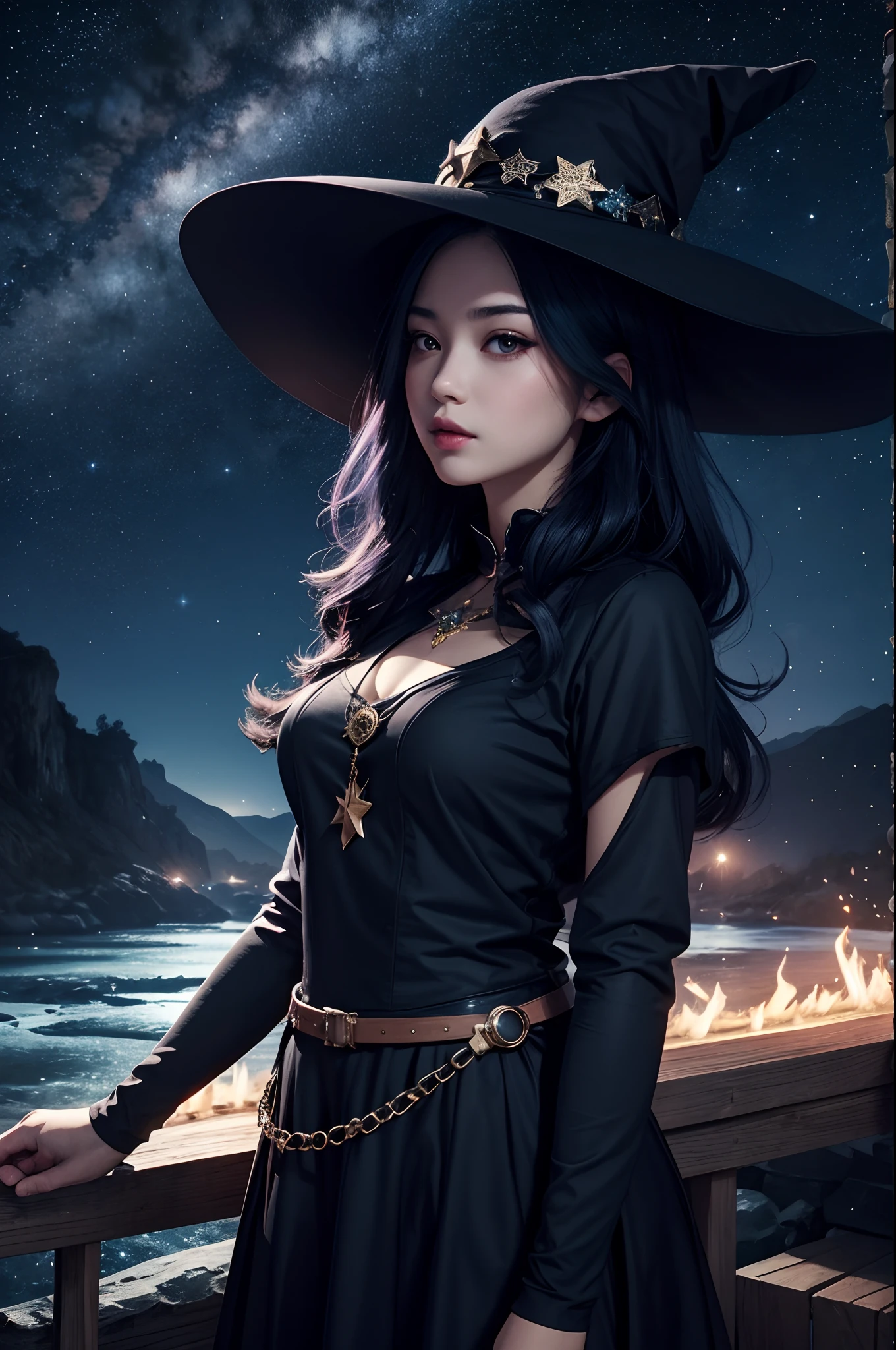 high quality, stary night blue black beautiful magical woman, A beautiful magician woman made of starry sky, magic hat, splash arts, aesthetic for Tshirt design, darktone, by yukisakura, high detailed,