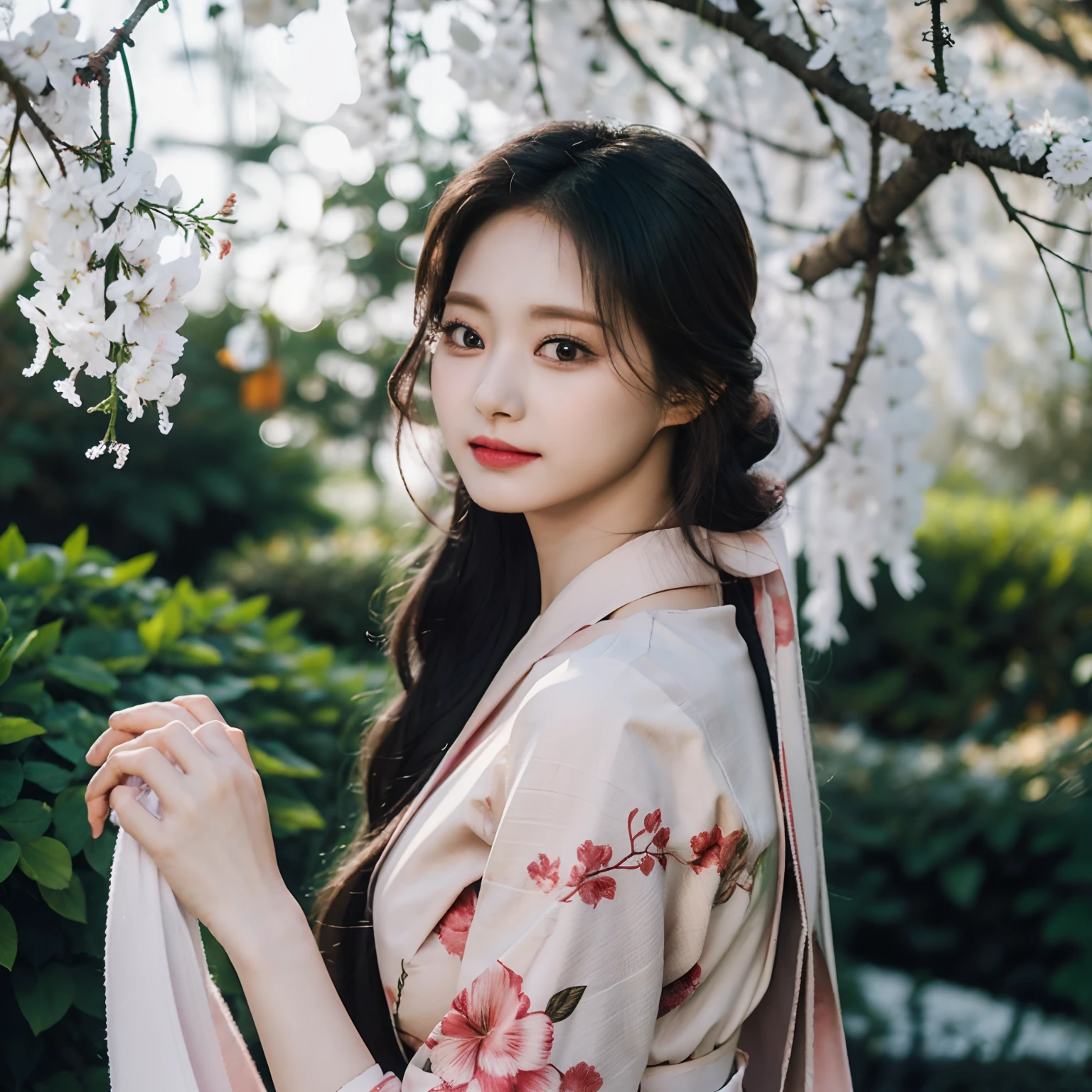 Tzuyu, kimono dress, tied hair, looking at view, sakura trees background, bokeh picture, 4k, ultra resolution, masterpiece