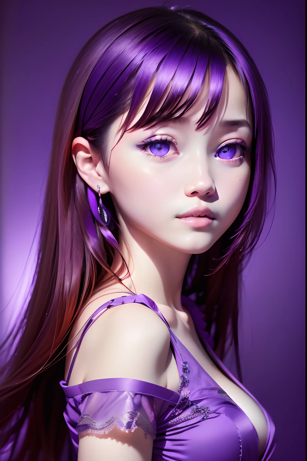 (((Purple background:1.3)))、Best Quality, masutepiece, High resolution, (((1girl in))), sixteen years old,(((Purple eyes:1.3)))、Purple Dress、((Purple shirt:1.3、Purple Block Dress)), Tindall Effect, Realistic, Shadow Studio,Ultramarine Lighting, dual-tone lighting, (High Detail Skins: 1.2)、Pale colored lighting、Dark lighting、 Digital SLR, Photo, High resolution, 4K, 8K, Background blur,Fade out beautifully、Purple World、Purple background