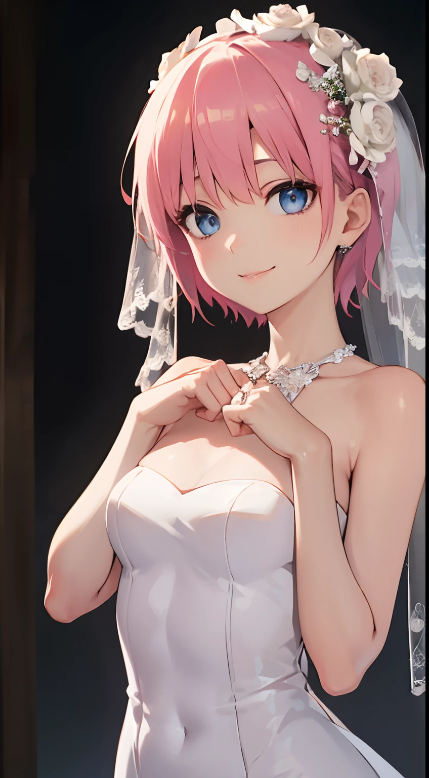 ichikanakano, ichika nakano, Short hair, Bangs, Blue eyes, hair between eye, Pink hair,
(wedding dress:1.4)
BREAK looking at viewer, BREAK (masutepiece:1.2), Best Quality, High resolution, Unity 8k壁纸, (Illustration:0.8), (Beautiful detailed eyes:1.1), extra detailed face, Perfect Lighting, extremely details CG, (Perfect hands, Perfect Anatomy),cowboy  shot,A smile