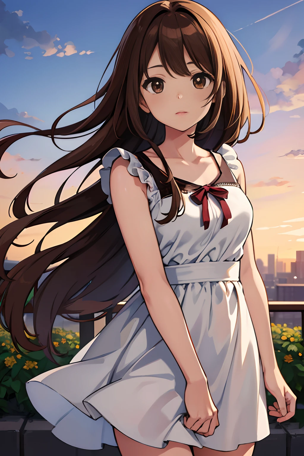 High resolution, masutepiece, New flower two wind valley, Brown hair, Solo, 1girl in, exterior, Cut background, Detailed eyes, ((Brown eyes))