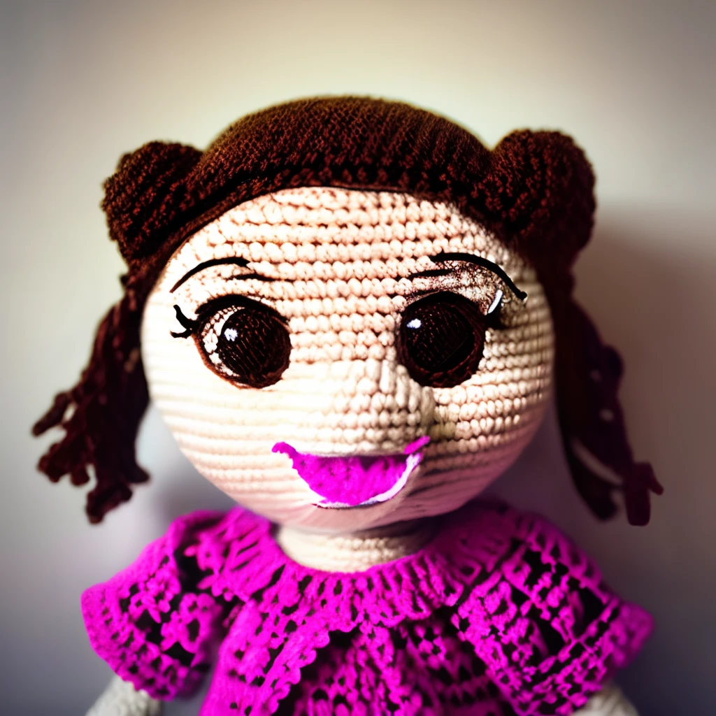 create a Disney Pixar style image, I'm a woman, 30 years old, hair in a bun, dark brown, brown eyes, with threads and crochet needles, happy, clumsy