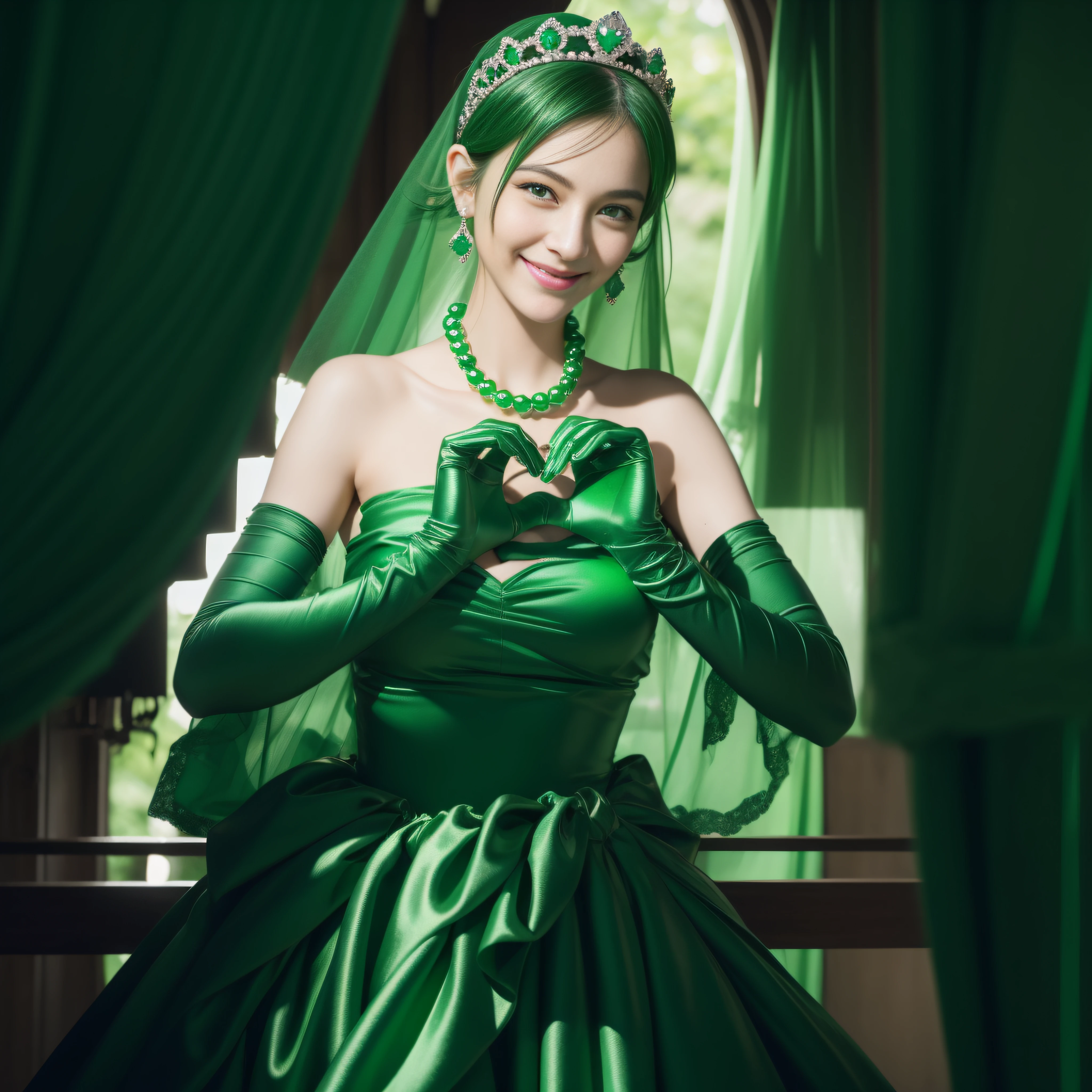 emerald tiara, Green Pearl Necklace, Boyish very short black hair, lipsticks, Japan woman smiling, very short short hair,  big breasts beautiful, Green eyes, Long green gloves made of satin material, Green eyes, Emerald Earrings, green vale, Heart with both hands