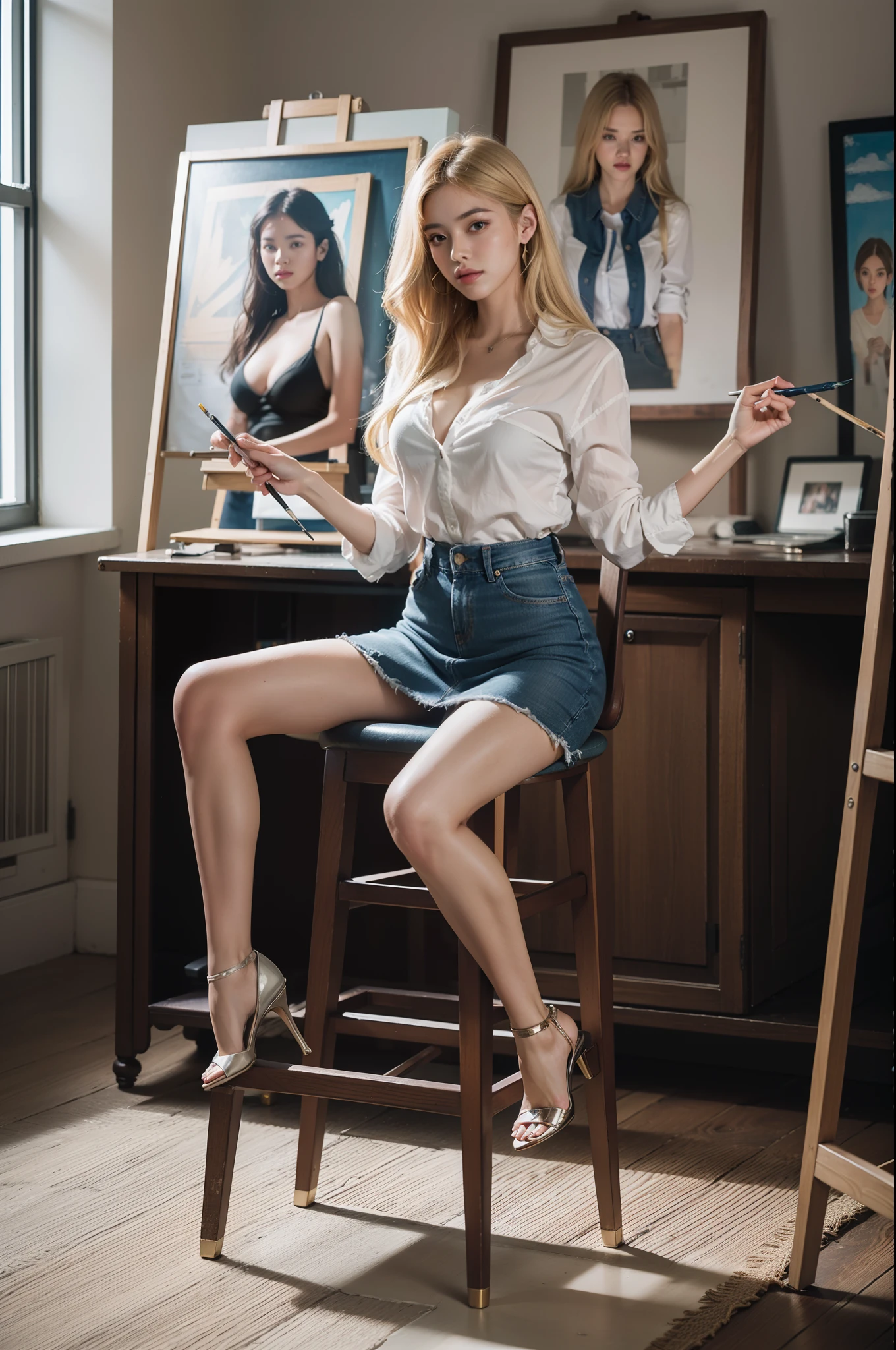 (hight resolution,8K,Best Quality:1.2),Beautiful College Student,Seductively tall, Campus beauty, Proud, exotic beauty, Rich heirs, Medium length hair, Blonde hair, Denim skirt, high-heels, art studio, Painting, Easel, stool, Sitting on Stool, Focus on creating artwork