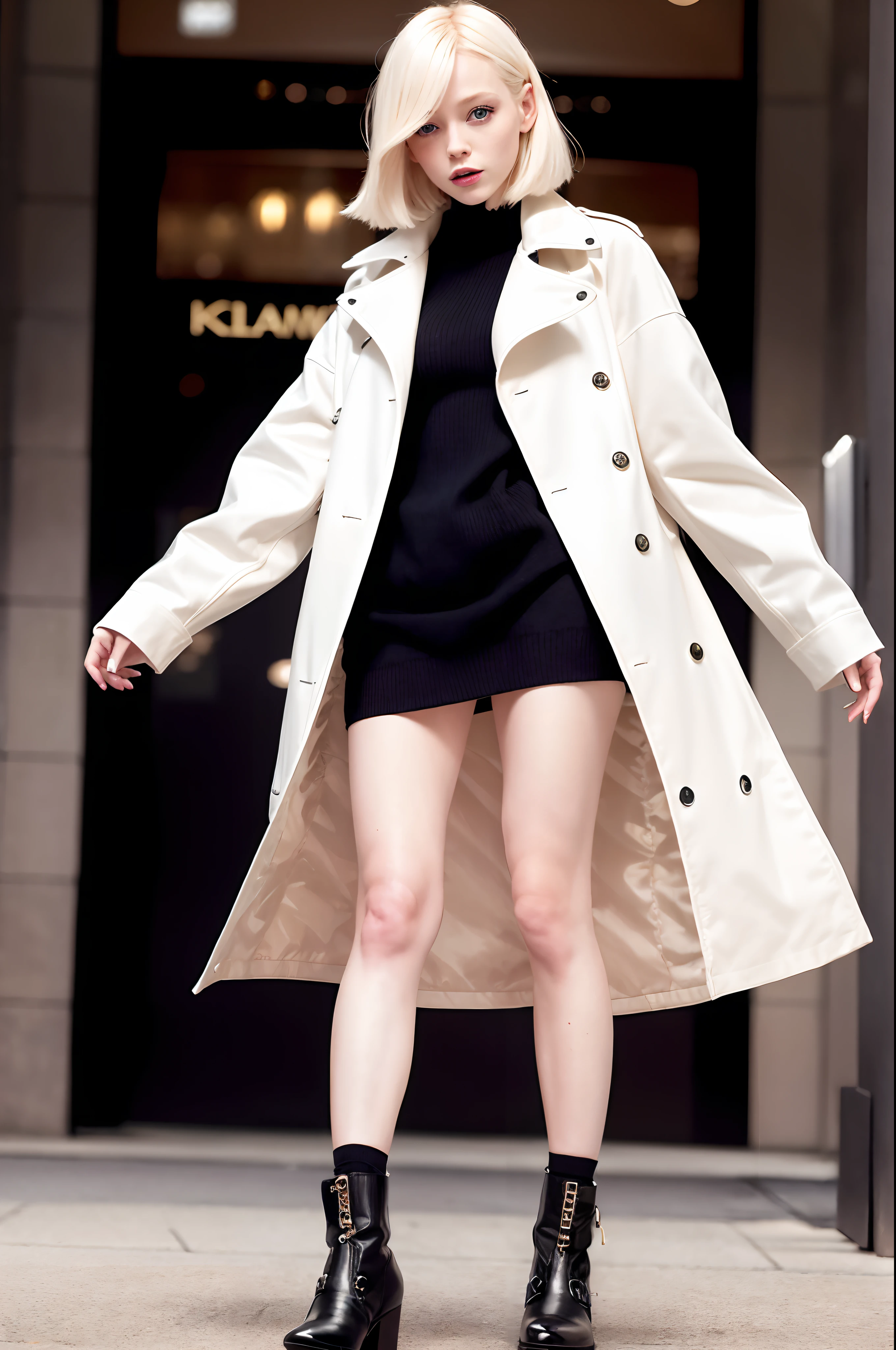 Photorealistic, high resolution, 1 woman, hips up, Beautiful eyes, Long hair, ringed eyes, jewelry, white hair, wearing oversized_coat