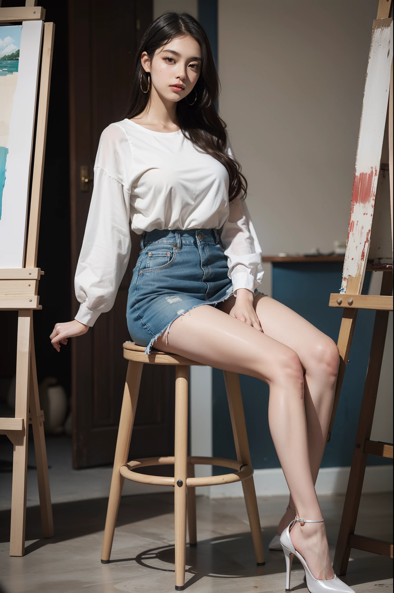 A woman sitting on a stool in front of a painting - SeaArt AI