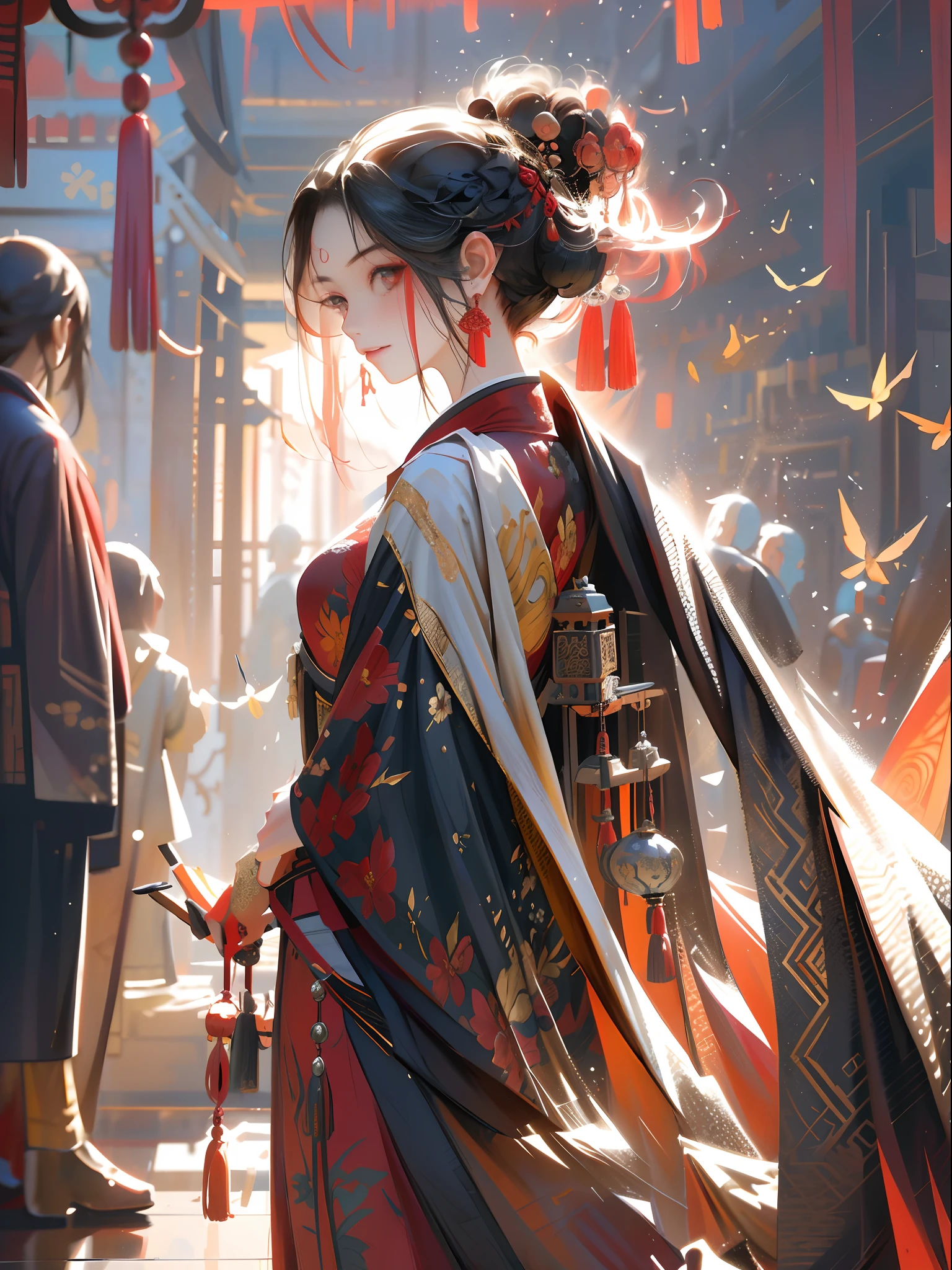 Chinese ancient style，Girl in a red dress，+graceful stance,Beautiful face,Delicate costume embroidery,Ancient court scenery,Falling cherry blossoms,Mysterious ancient buildings,Glazed tile roof,Bluestone path,Strong ink painting style，Beautifully appointed hair accessories，超高分辨率，8K，Ray traching，lightand shade contrast