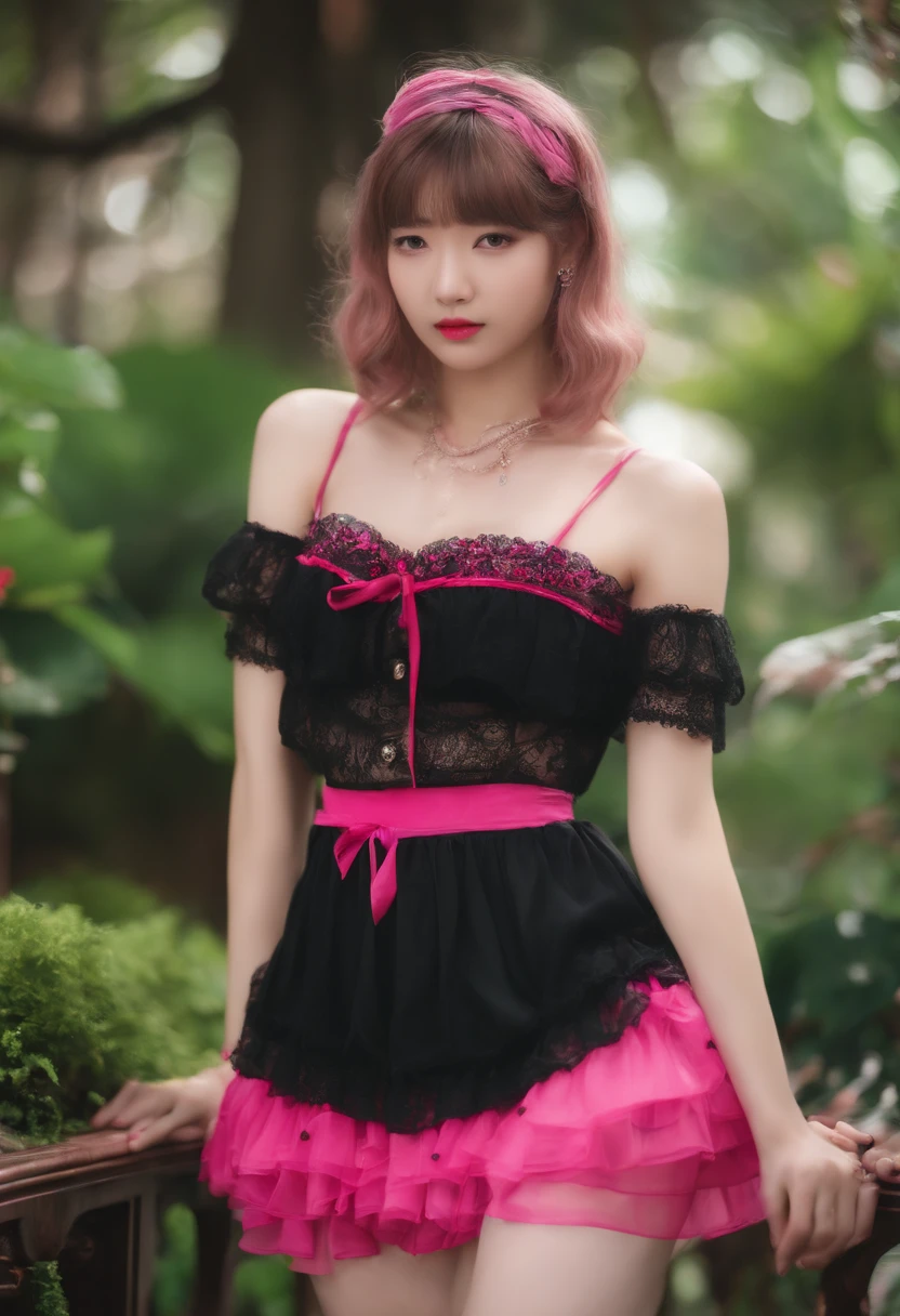 Girl with small breasts Skirt lifted Pink Lolita Nipples are see-through Pink panties visible Embarrassed look