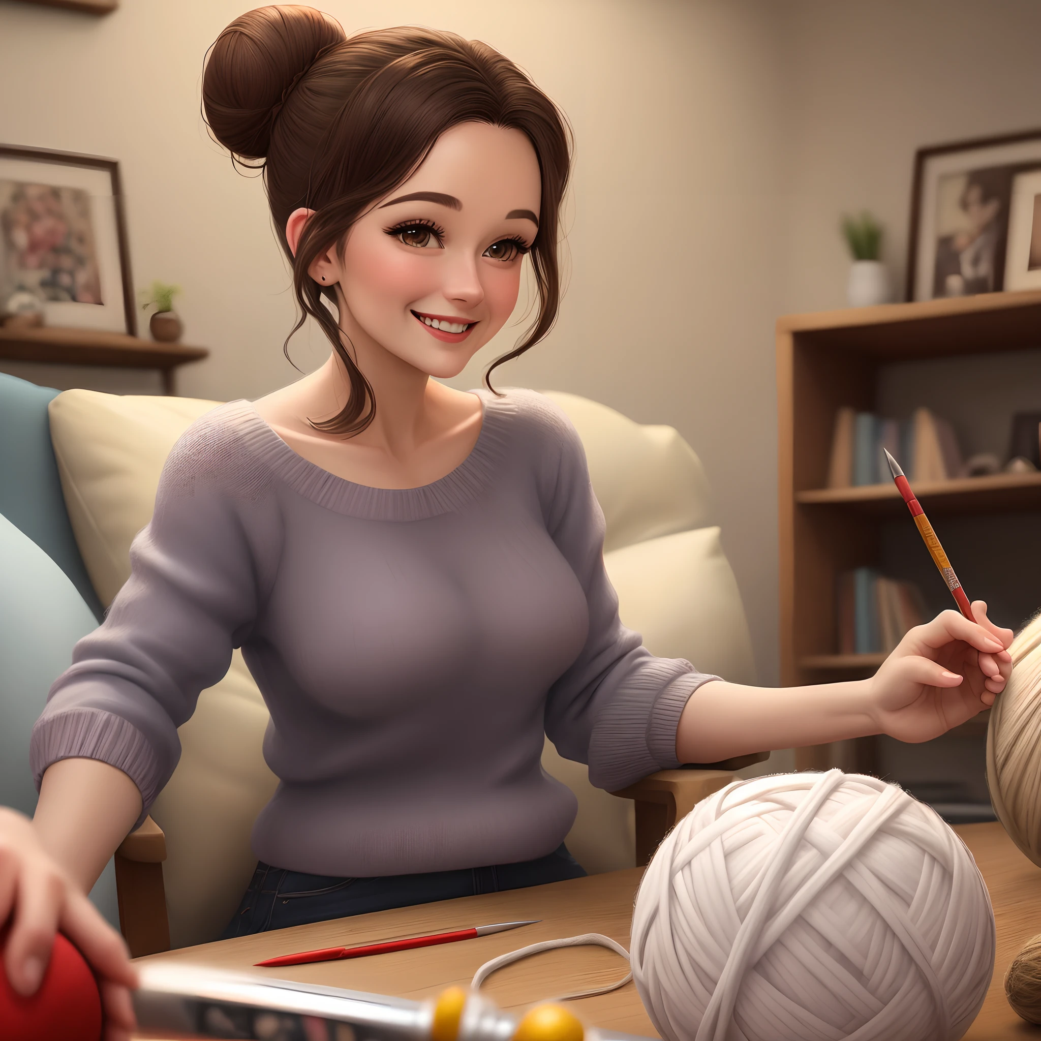 create a Disney Pixar style image of a woman, 30 years old, hair in a bun, dark brown, brown eyes, happy, distracting, in her living room, holding balls of thread and a knitting needle