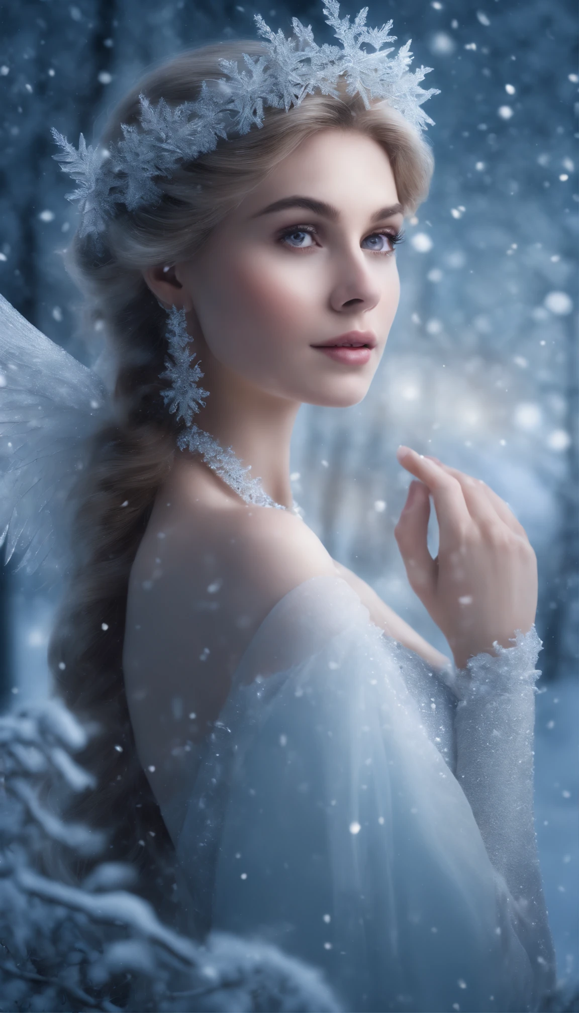 (best quality,4k,8k,highres,masterpiece:1.2),ultra-detailed,(realistic,photorealistic,photo-realistic:1.37),winter fairy,sparkling snow,icy landscapes,magical aura,glittering outfit,breathtaking wings,delicate frost patterns,frozen breath,dreamy atmosphere,enchanting forest,soft winter light,vibrant colors,mystical expression,ethereal beauty,dancing snowflakes,whimsical pose,glimmering snowflakes,moonlit night,floating crystals,frost-covered trees,crisp air,playful snowball,enchanted ice palace,snow-capped mountains,serene stillness,blizzard of magic,reflection on the frozen lake,shimmering icicles,winter wonderland,crystal clear,tranquil silence,magical creatures,wisps of snow,alabaster skin,snowy crown of flowers,magical powers,winter breeze,frozen tears,serene and elegant,glowing moon,whispering winds,fairytale-like scenery
