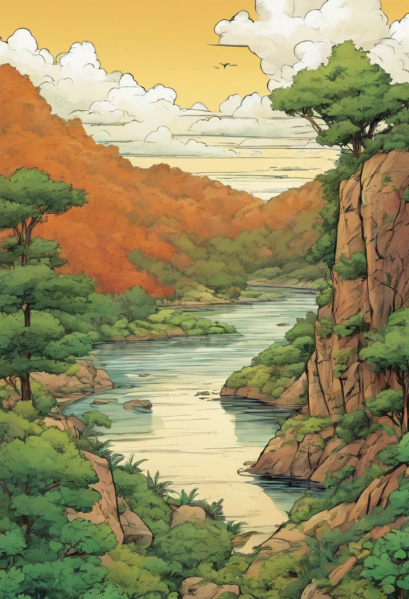 American comics, nature image, no people, hills, clouds, no buildings, inside southern tropical forest, trees, river