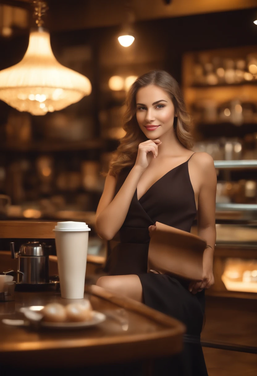 (Fotorrealista: 1.4), (beste-Qualit: 1.0), (ultra highres: 1.0), 8k, Photo RAW, (шедевр: 0.2), 1fille, belle peau, detailed skin, Souriant, assis, Haut du corps, (dame de bureau :1.5, coffee shop:1.5)