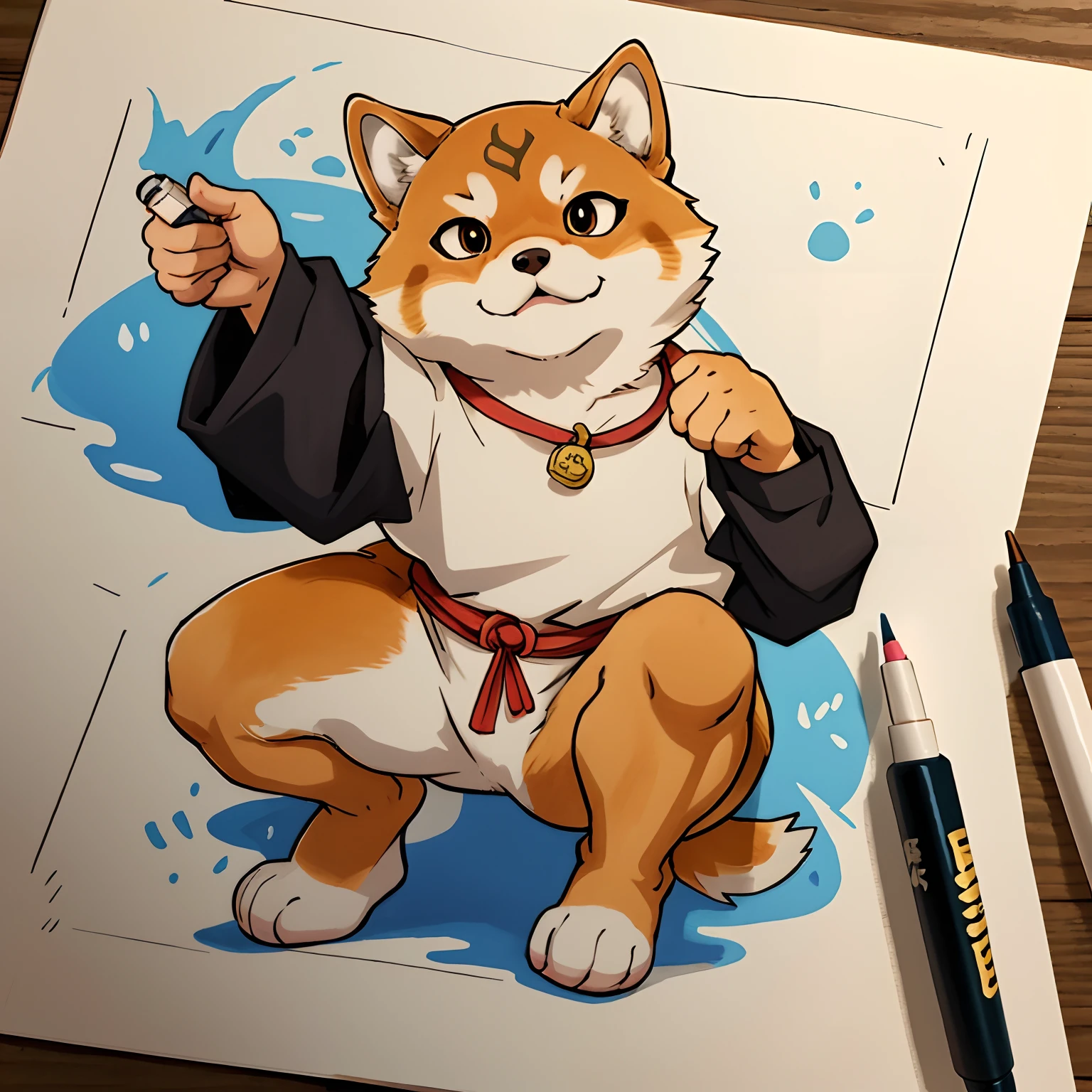 Copic marker illustration in a Japanese manga style of a Shiba Inu, mimicking the pose of a Maneki Neko,