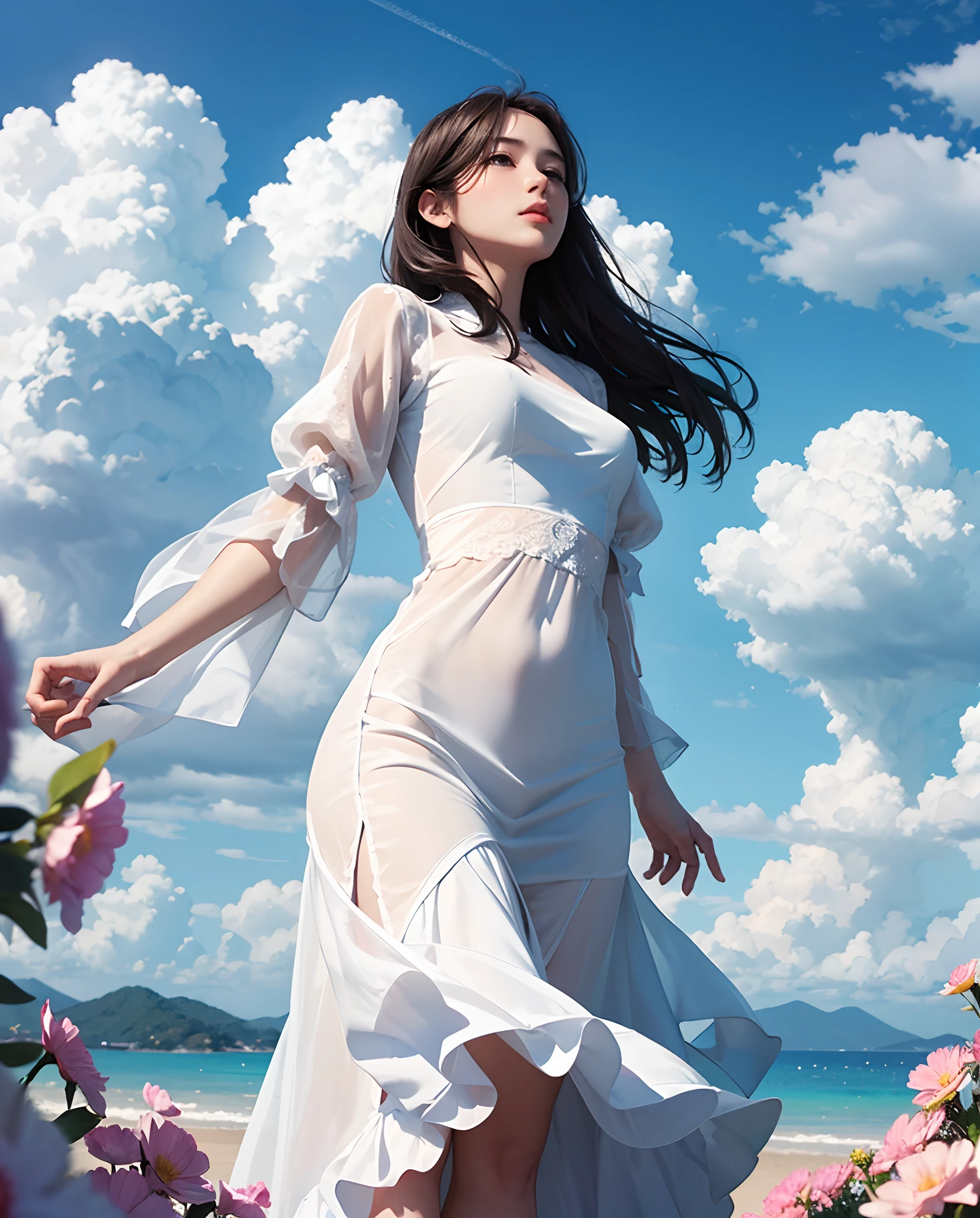 1girl, realistic,reaching out, grabbed the cloud,Look up at the sky,Back Shadow,Clouds,Thick white clouds,Fold your hands,Flowers bloom,(Extremely detailed:1.1),tmasterpiece,super-fine,best qualtiy,8K