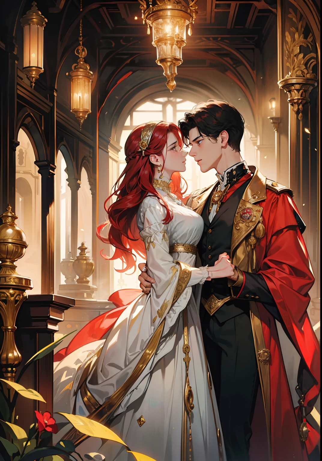 ((masterpieces)), best quality, exceptional illustration, a couple kissing, soft focus, 1 boy with short black hair, BLUE EYES, 1 girl with long wavy red hair, GOLDEN YELLOW EYES, Victorian clothing, Victorian romanticism, opulent and exquisite atmosphere, soft light and warm lighting.