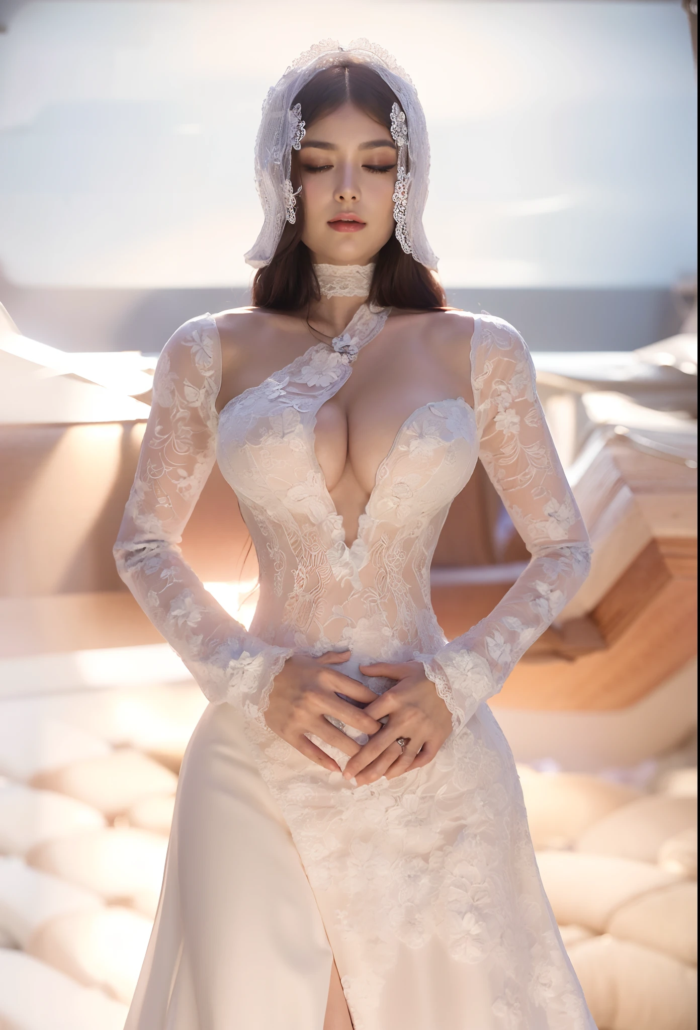 ((wooden coffin)), (realistic, photo-realistic:1.37), (masterpiece, best quality:1.2), (ultra high res:1.2), (RAW photo:1.2), (sharp focus:1.3), (face focus:1.2), (Extremely detailed CG unity 8k wallpaper:1.2), (beautiful skin: 1.2), (pale skin:1.3), (hyper-sharp focus: 1.5), (ultra-sharp focu:1.5), (beautiful clean face:1.3), (ultra-detailed background, detailed background:1.3), bokeh, depth of field, BREAK, Photo of extremely cute and beautiful Japanese woman, (bride), professionattire, (22yo:1.1), light smiling girl portrait, full body image, When viewed from the front, the composition is symmetrical, (cinematic light:1.3), (back light:1.3), looking straight at you, standing, sexy model pose, BREAK, (chestnut half-up hair:1.2), mahogany hair, single hair, bangs, slender, abs, (huge breast;1.35), (narrow waist:1.15), (detailed beautiful girl:1.4), (pure-white luxury satin wedding dress:1.3), ((light smile:1.1), ((perfect female body)), (upper body image:1.3), perfect dramatic, volumetric lighting, professional majestic oil painting, shiny skin, ct anatoy, perfect proportion, 8.5 life size, face focus, ultrarealistic photo, hyper-sharp image, hyper detailed image, ((closed eyes)), ((mouth closed)), (((heads are on pillow))), (interlocked_fingers:1.2), (own_hands_together:1.2), high details, ((holding a flower bouquet)), ((straight body)), ((straight legs)), ((round breasts)), ((sexy cleavage)), ((red coffin)), ((coffin view)), ((pillow on coffin)), ((wearing white wedding dress with flower-shape lace))
