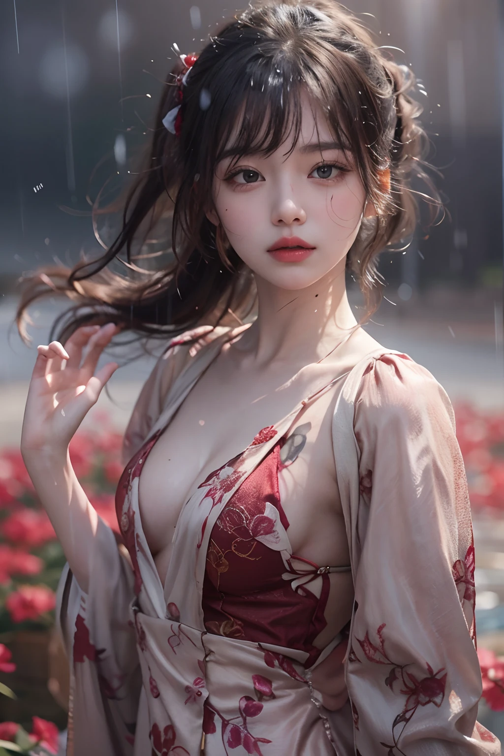 (((profile)))、(upper bod)、((One girl standing in a bright red pond))、(in her 20s)、((long))、((Pattsun bangs))、((Black hair ponytail))、Pink makeup、(Red-brown eyes)、(Photoreal Stick:1.2)、in 8K、(High quality shadows)、Detail Beautiful delicate face、Detail Beautiful delicate eyes、Cute K-pop Idol、(Korean Urzan Face)、(ulzzang -6500-v1.1:0.6)、gloweyes、perfectbody、Natural color reproduction、Bright red lipstick、((Brown eyes))、Shiny hair、Description beautiful delicate hair、(Lustrous skin)、cloudy ash sky、电影灯光、Bloody white dress、It's raining heavily and we're drenched、