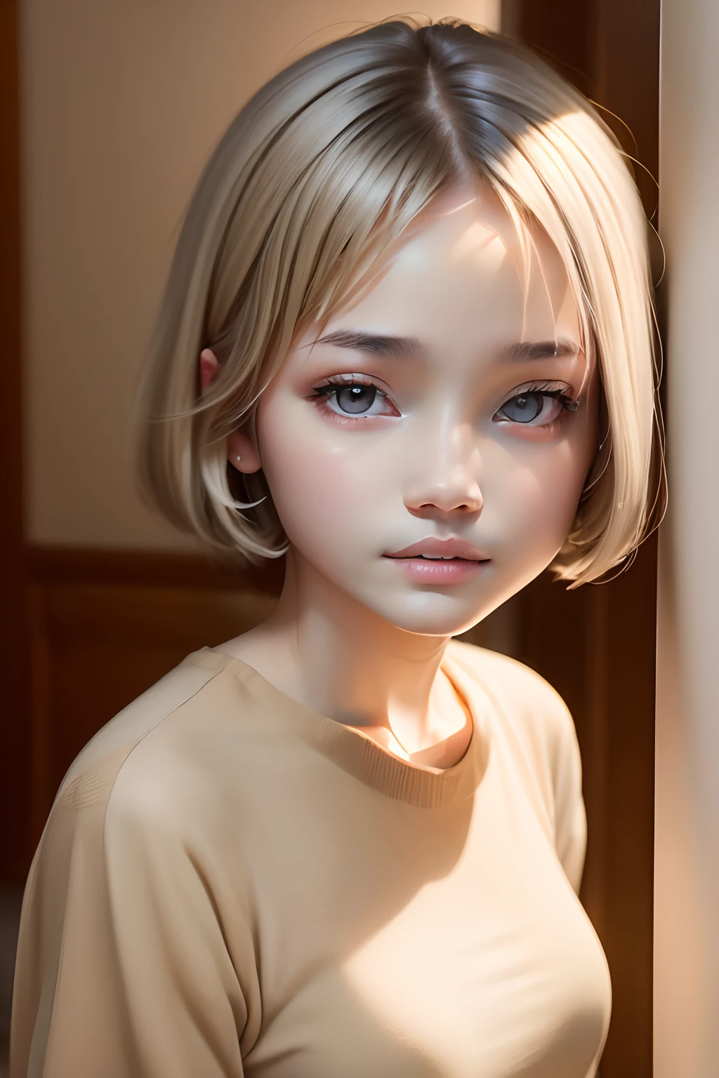 short hairと白のSummer knitwear, Summer knitwear, short hair, 前髪のあるshort hair, Cute face girl, Cute little face in a portrait, French Bob, White skin!!, 短い茶色の髪とBig eyes, Soft Portrait Shot 8k, Beautiful light、Big eyes, beautiful girl, Young girl with bob cut, Best image quality, Tabletop, Leonardo da Vinci'Da Vinci Notebook, Leonardo da Vinci'Background manuscript,See-through gown,Exposing the breasts,Man and woman hug,,