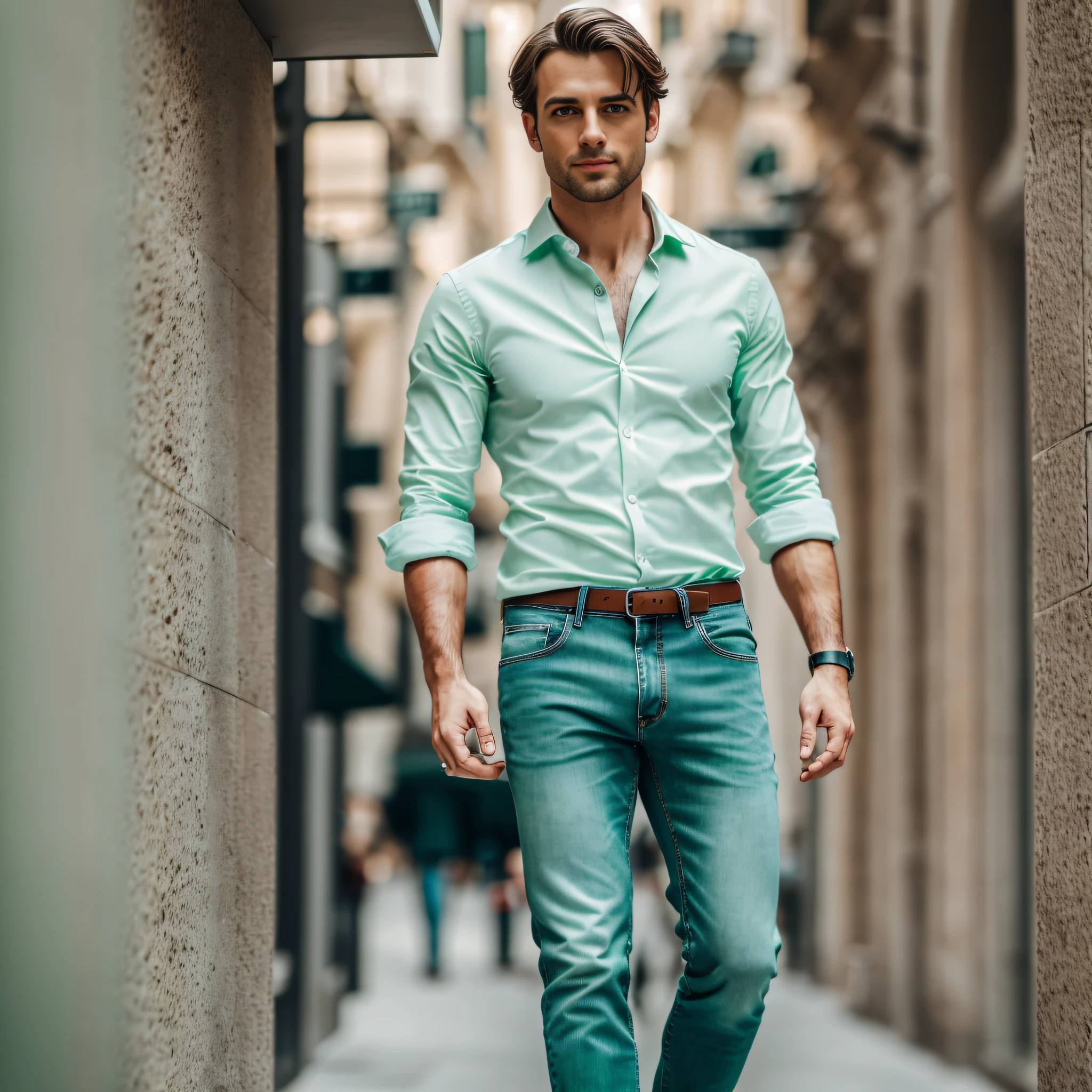 RAW photo of an elegant man, European, light green eyes, blurred background, full body plane, jeans, shirt, looking at camera, cinematic, small details, photorealistic, ultrarealistic photo, 8k uhd, dslr, soft lighting, high quality, film grain, Fujifilm XT3, (masterpiece),