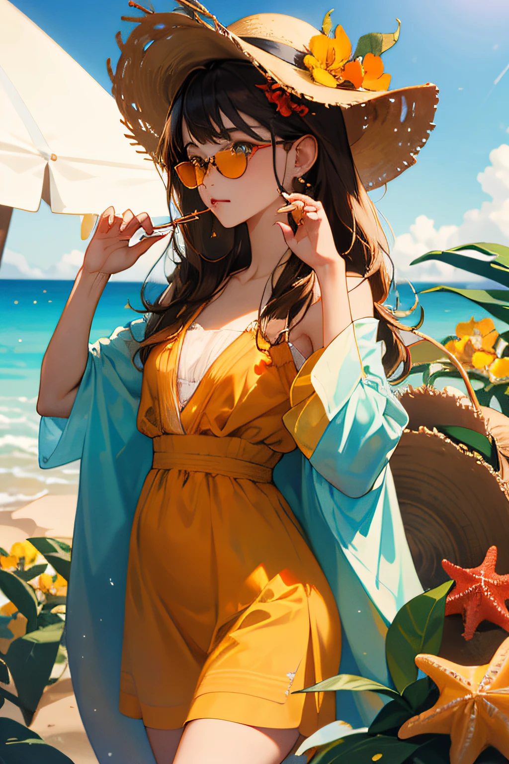 absurderes, high resolucion, A highly detailed, 1girll, Solo, Highly detailed eyes, starfish, seashells, seashells, blossom, The hat, Hair ornaments, gemstones, straw sunhat, Viewing the viewer, sunglasses, Cap Flower, Drinking Straws, hair pin, earings, red flower, Tinted glasses, yellow flowers, bangss, English text, Blackish hair, Orange blossom, A dark-haired, rings, A cup, long  hair, Orange tinted glasses, food, ligh brown hair, portrait of a, Seashell headdress, s whole body