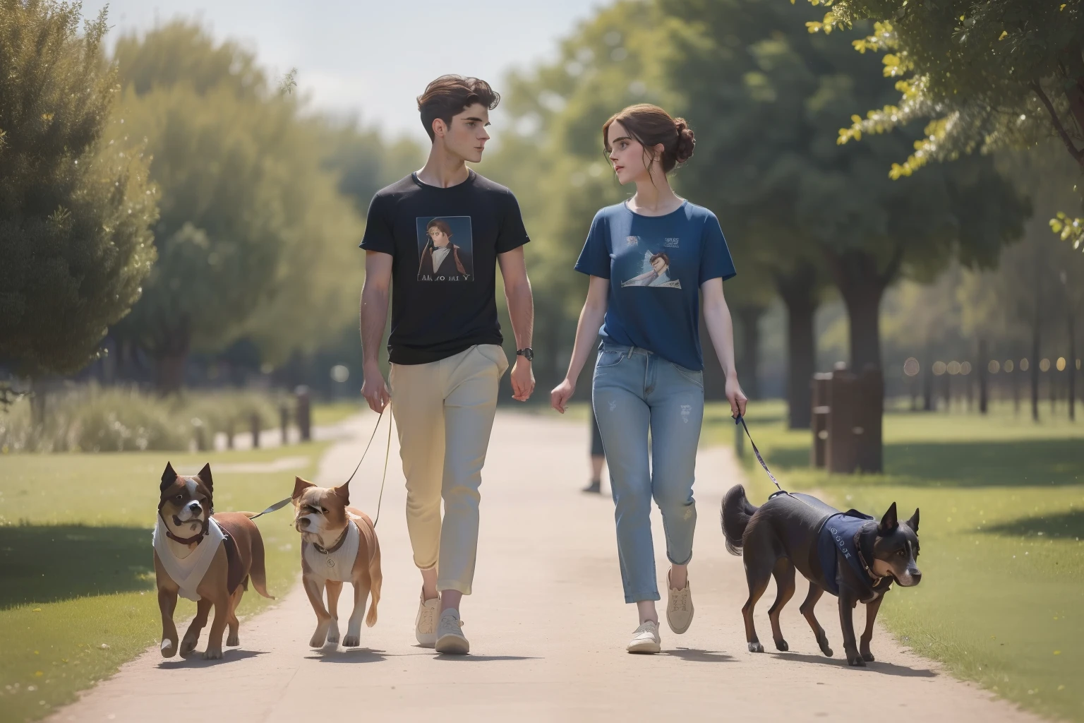 year: 2023. Location: Madrid. Pre-Raphaelite scene with a 30-year-old Emma Watson, with Edward Bluemel, walking several dogs in a park, ((((casual clothing from the 2020s, t-shirt)))) ((Hairstyle of the 2020s)), ((("OMITB" cinematography)))
