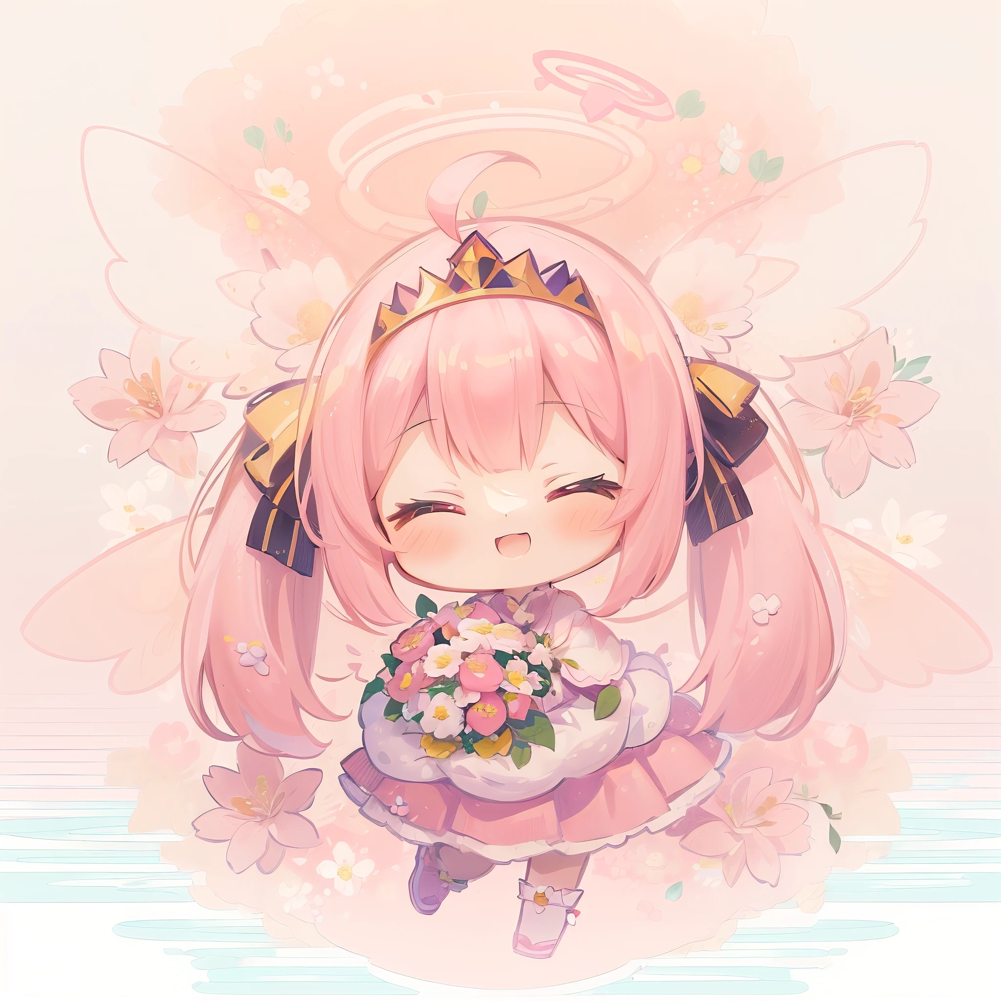 (((masutepiece))), Best Quality, Extremely detailed, Anime, (Hold a bouquet), (angel costume),(Princess Costume), (Halo), (angel wing), (Pink Twin Tails), (tiarra), Closed eyes, (((girl with))), (((Solo))), Happy, Full body, Ahoge, (((Deformed))), (((Chibi Character))), (((Floral background))), (Pink background), (flower field)