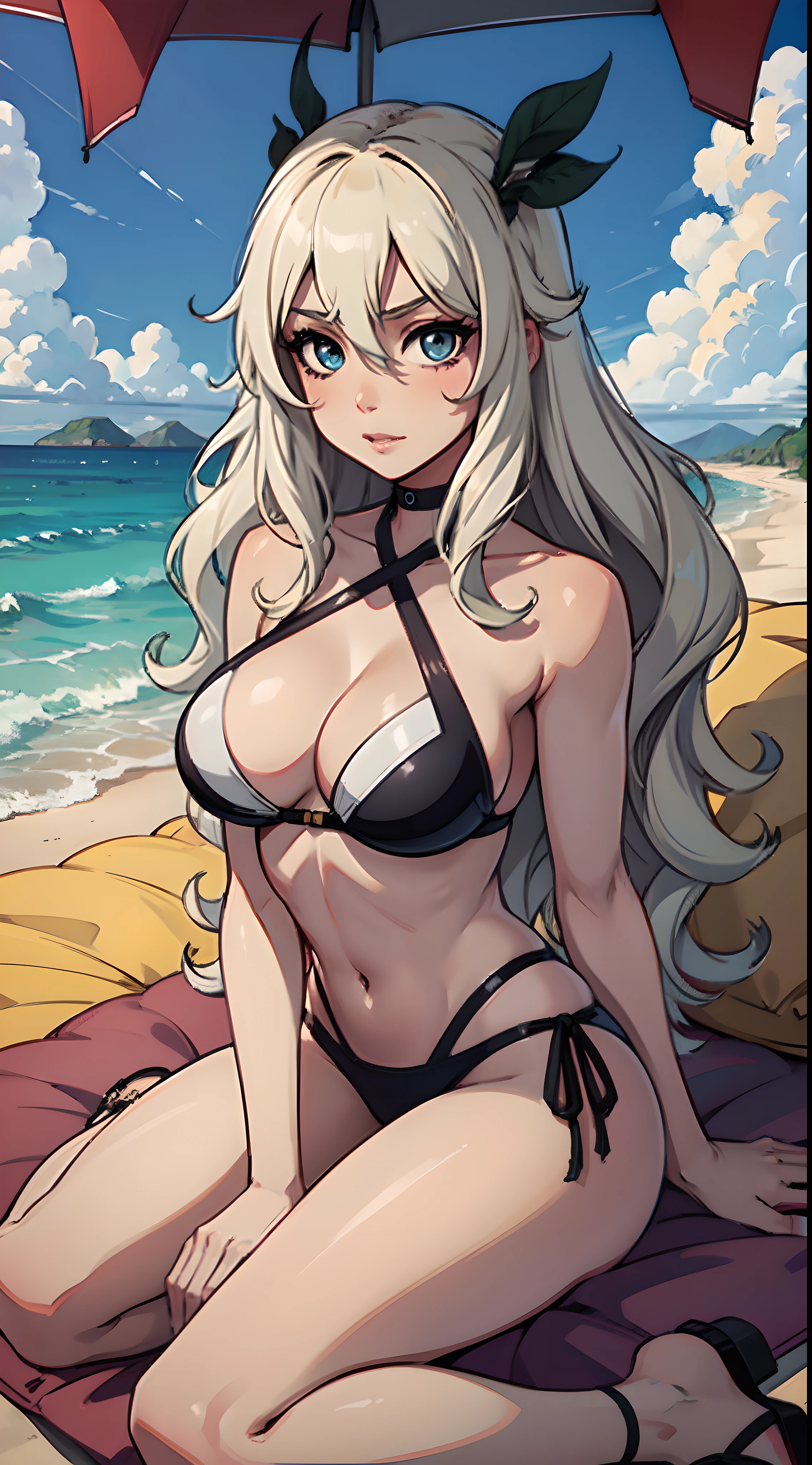 ((Best Quality)), (Ultra-detailed), ((Extremely detailed)), (Beautiful), ((kawaii girl)),(Hair from both sides up).,platinum blonde hair,Long hair, Hair between the eyes, Wavy Hair, Long sideburns,Jade-colored eyes, White Skin Skin,Normal Chest,shapely body,Cross Halter Bikini,Sandals,sitting,at a beach,Take a look at the camera,one girls,a one woman,the anime