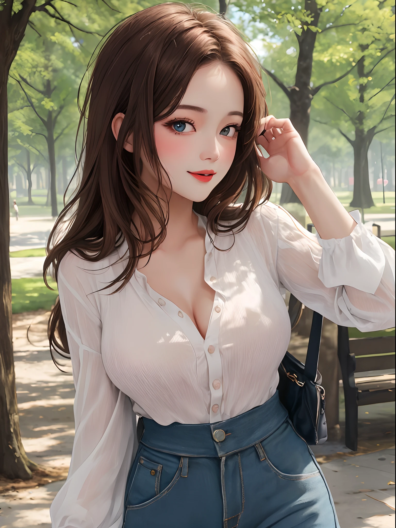 (best quality, ultra detailed, masterpiece:1.2), 1 girl, ssexy pose, beautiful detailed eyes, beautiful detailed lips, blush, medium breasts, casual clothes, happy expression, looking at viewer, large voluminous brown hair, in the park with trees, shy expression