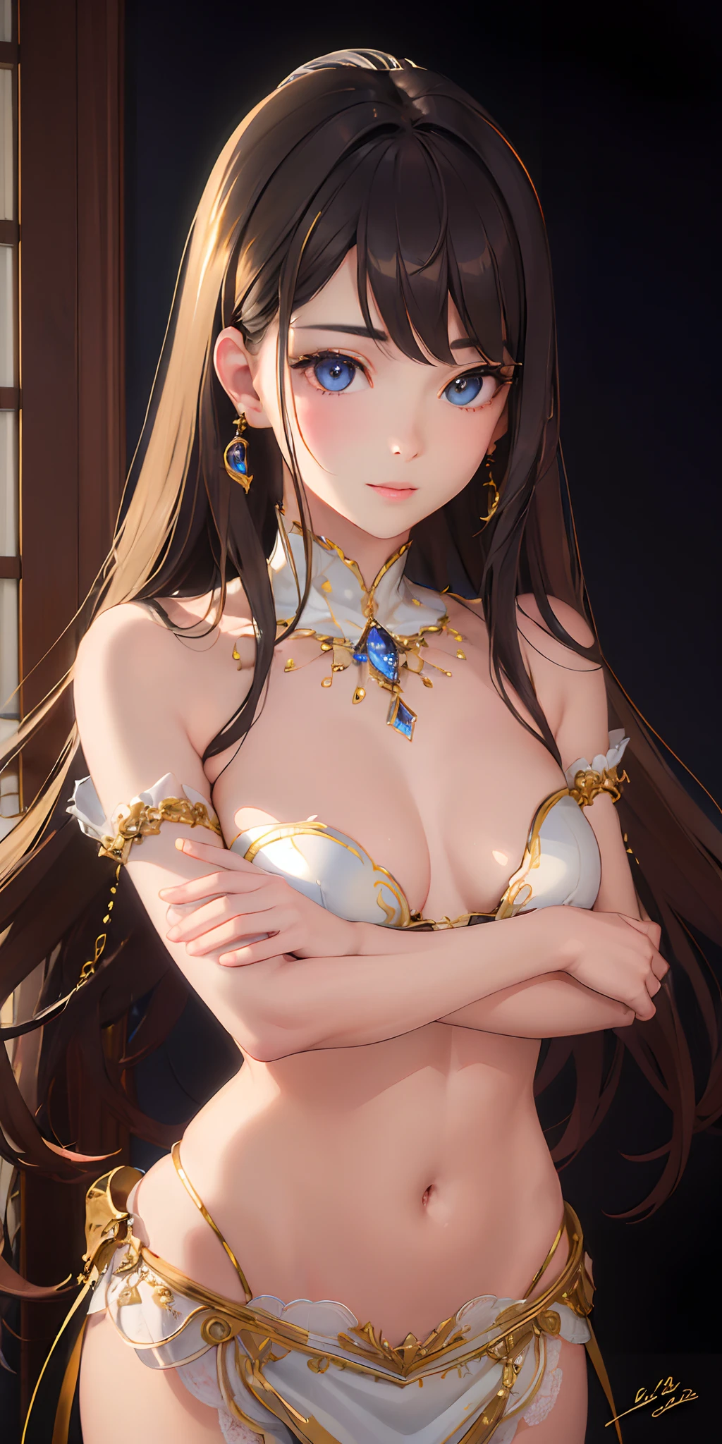 (photorealistic:1.4), (masterpiece, sidelighting, finely detailed beautiful eyes: 1.2), masterpiece*portrait, realistic, 3d face, glowing eyes, shiny hair, lustrous skin, solo, embarassed, (midriff),