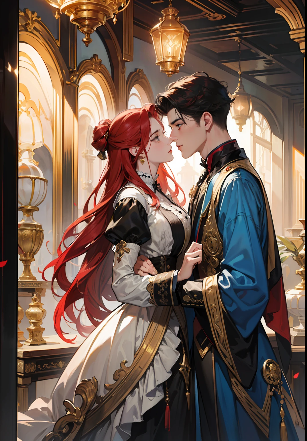 ((masterpieces)), best quality, exceptional illustration, a couple kissing, soft focus, 1 boy with short black hair, BLUE EYES, 1 girl with long wavy red hair, GOLDEN YELLOW EYES, Victorian clothing, Victorian romanticism, opulent and exquisite atmosphere, soft light and warm lighting.