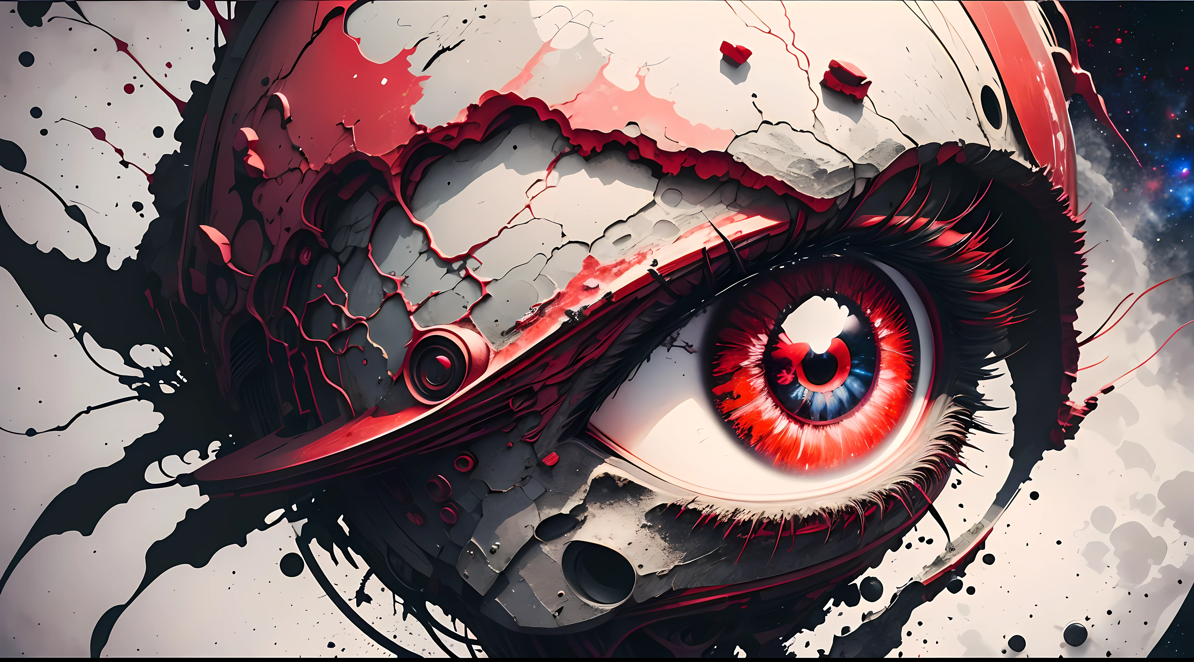 devil's eye , extreme eye close up, red and black aura:1.1, ((galaxy in pupil)), highly detailed, 8k, intricate details, vibrant, rich colors,