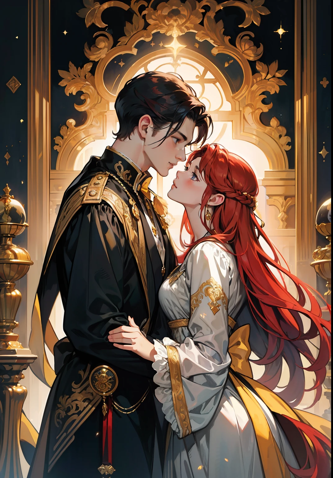 ((masterpieces)), best quality, exceptional illustration, a couple kissing, soft focus, 1 boy with short black hair, BLUE EYES, 1 girl with long wavy red hair, GOLDEN YELLOW EYES, Victorian clothing, Victorian romanticism, opulent and exquisite atmosphere, soft light and warm lighting.