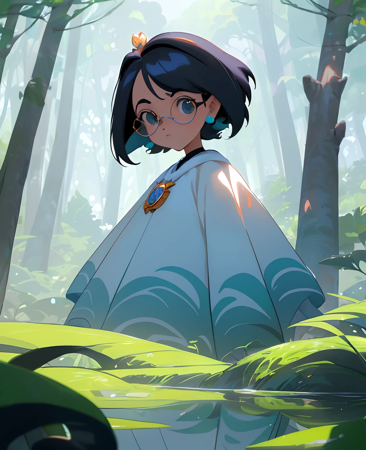 modisn disney | Uma jovem bonita moderna, irritated expression, forest setting, Clear-frame eyeglasses, branca, de cabelos castanhos lisos, queixo fino e nariz um pouco largo, olhos pequenos, coloque o logomarca da Disney pixar