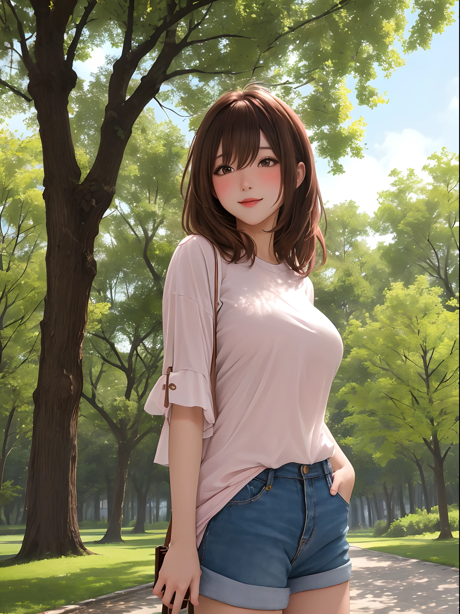 (masterpiece), (best quality), (ultra detailed), 1girl, ssexy pose, blush,medium breasts, casual clothes, happy, looking at viewer, large hair, brown hair, in the park with trees, shy