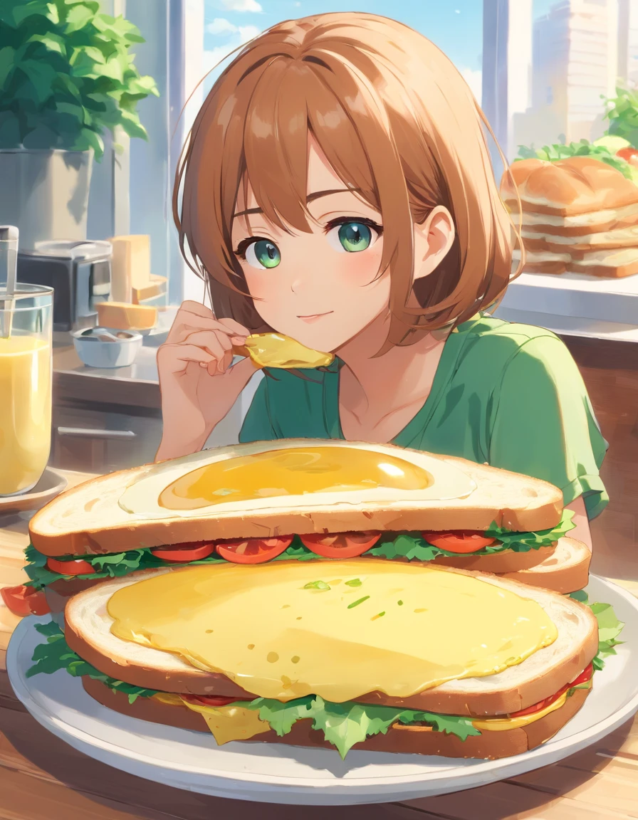 Healthy sandwiches,Omelet with whole wheat bread sandwich，Add lettuce、tomatoes,white backgrounid，One subject，Available in three colors: Red, Yellow and green，without humans