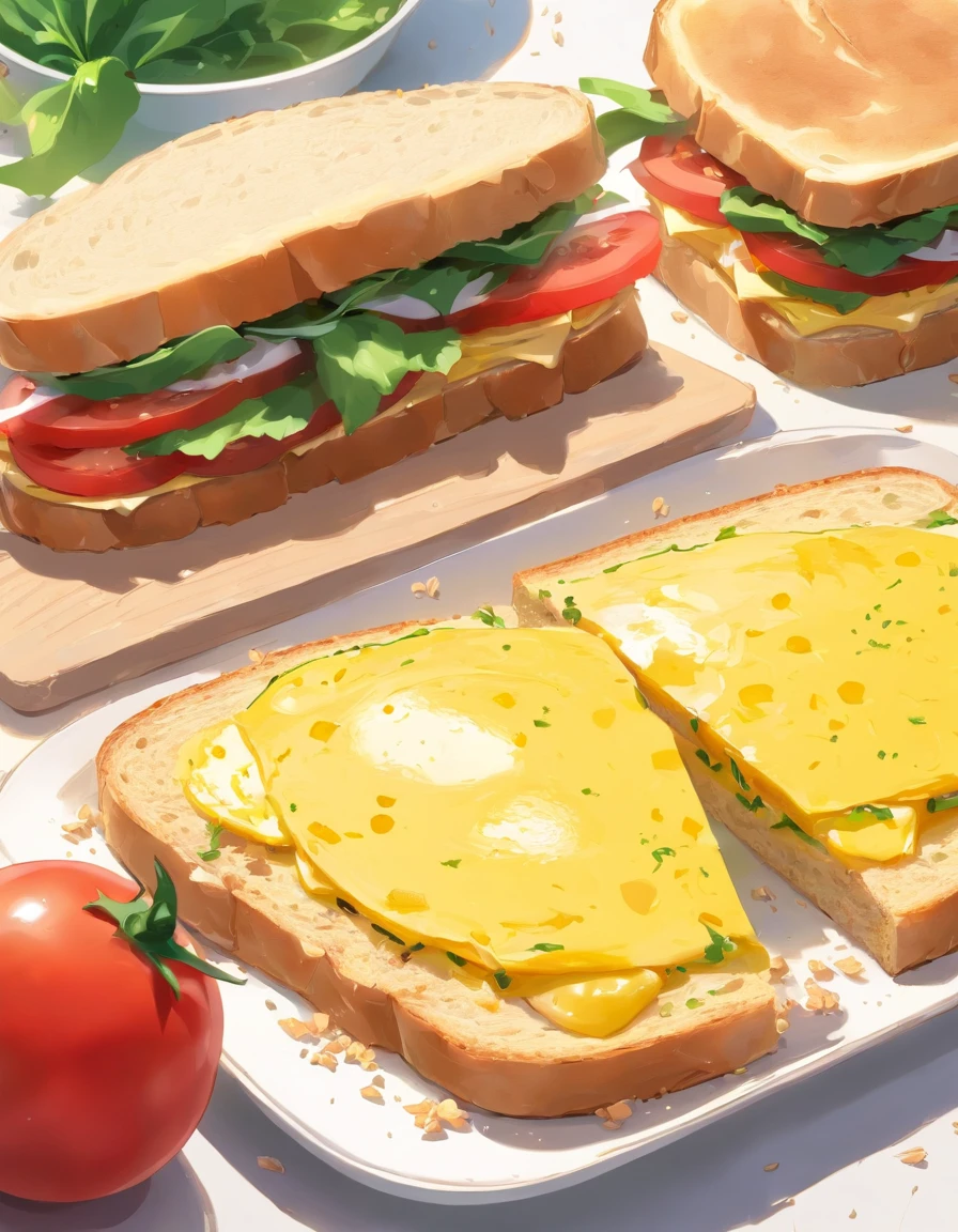 Healthy sandwiches,Omelet with whole wheat bread sandwich,Add lettuce、tomatoes,white backgrounid,One subject,Available in three colors: Red, Yellow and green,without humans