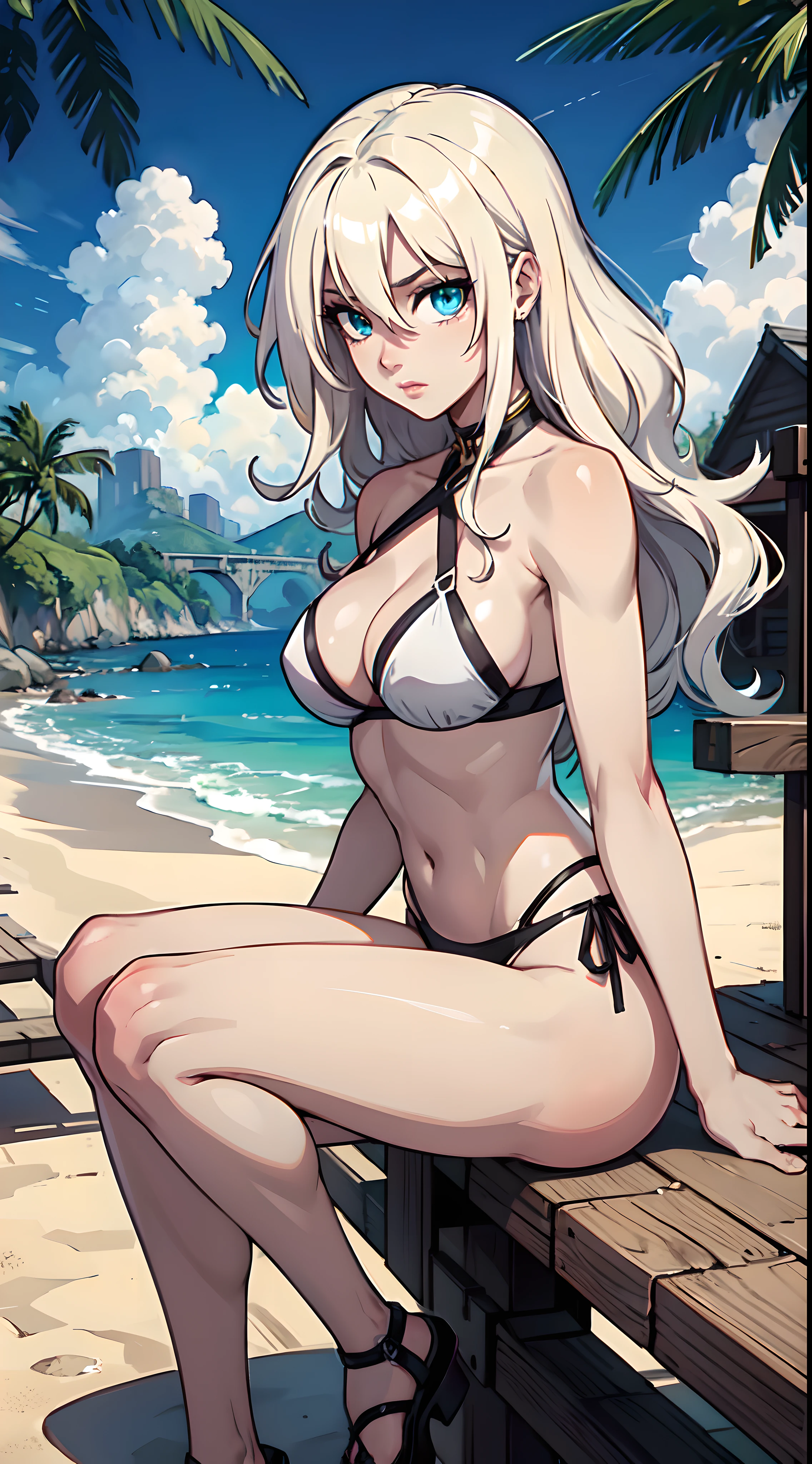 ((Best Quality)), (Ultra-detailed), ((Extremely detailed)), (Beautiful), ((kawaii girl)),(Hair from both sides up).,platinum blonde hair,Long hair, Hair between the eyes, Wavy Hair, Long sideburns,Jade-colored eyes, White Skin Skin,Normal Chest,shapely body,Cross Halter Bikini,Sandals,sitting,at a beach,Take a look at the camera,one girls,a one woman,the anime