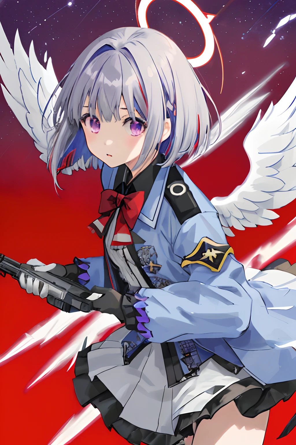 amane kanata, 1girl in, Solo, Short hair, Bangs, Simple background, Bow, Blue hair, Purple eyes, Jacket, Grey Hair, multicolored hair, Wings, blue bow, bob cuts, arm band, Feathered wings, Asymmetrical hair, Angel wings, Colored inner hair, one white winged, single hair intake, Star Halo, Looking at Viewer, Bangs,gloves, arma, uniform, Red Gun, Military, Red Rifle, Red Assault Rifle, holster