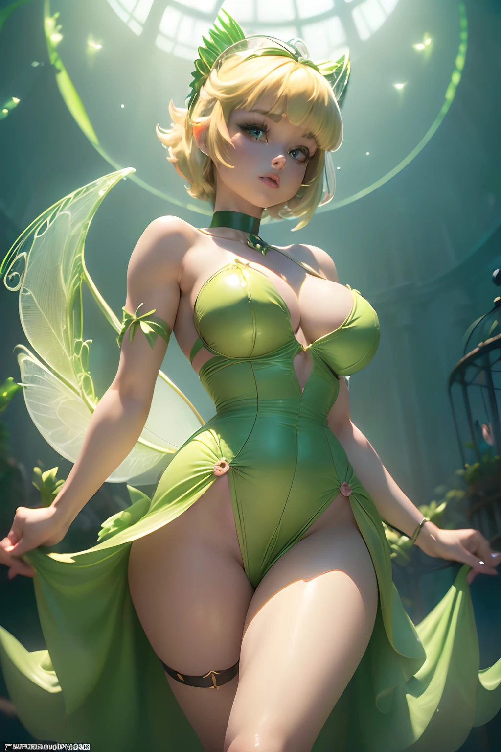((Tinkerbell, from disney peter pan animated movie series)) ((beautiful face)) ((blonde oony tail hairstyle with bangs)) ((very huge breasts)) (perfect slim body) ((wears strappless short green dress)) ((choker, fairy wings)) ((posing sexy inside giant bird cage)) (high definition, dynamic lights and shadows) ((masterpiece)) (8k) (perfect face) (best quality) (perfect hands) ((fairy dust particles, shinning a floating around))