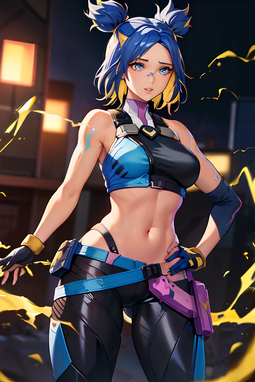 ((Masterpiece)), (Best Quality), (Detailed),(hires), (Radiant face, Radiant body), NeonFX, Neon_valorant, 1girl, 独奏, looking a viewer, blue eyes, blonde hair, gloves, bellybutton, twintails, Blue hair, multi-colored hair, parted lips, black gloves, belt, pants, Hand on hip, Floating hair, plaster, Plaster on the face, electricity, animification, band-aid on the nose, large breasts