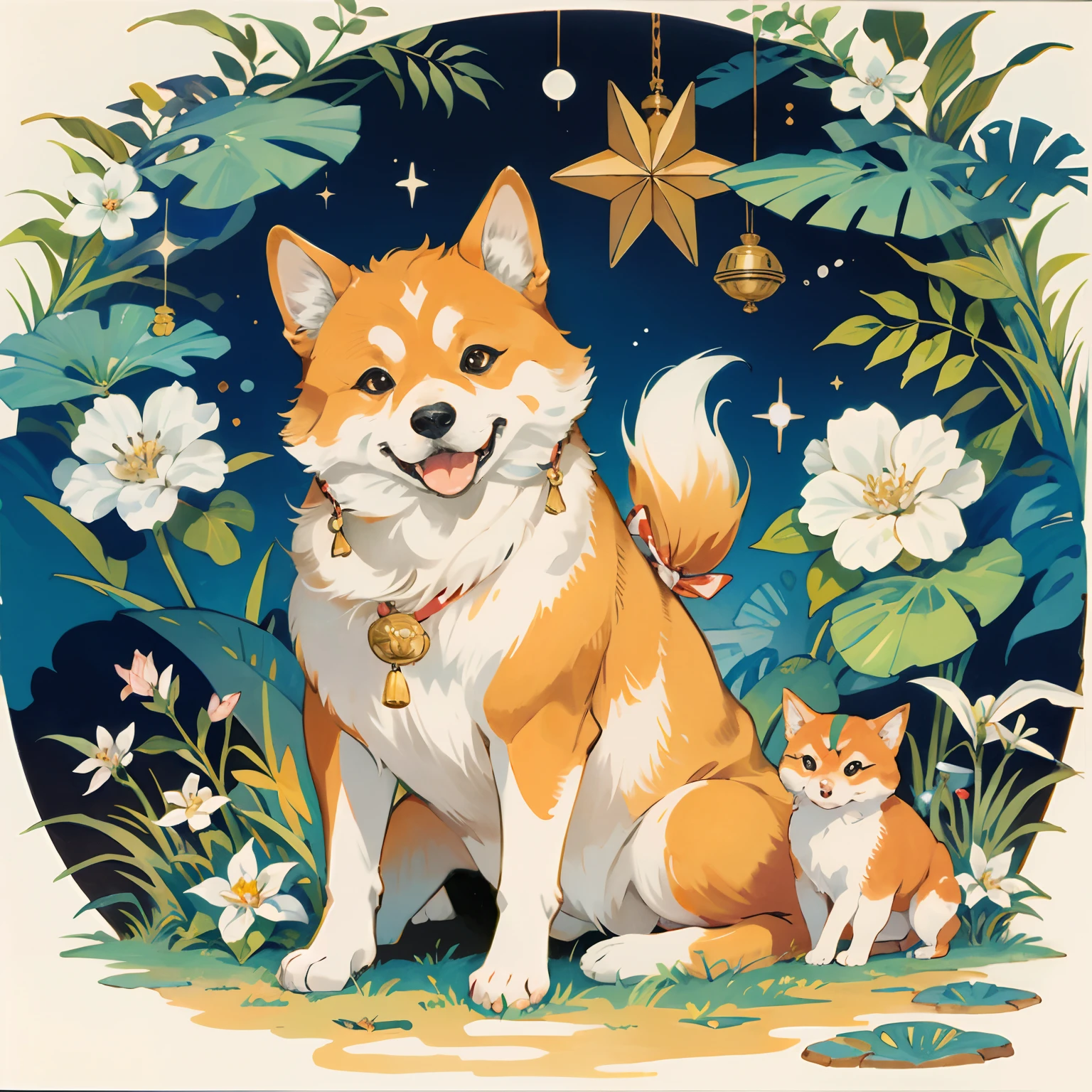 Copic marker illustration in a Japanese manga style of a Shiba Inu, mimicking the pose of a Maneki Neko,