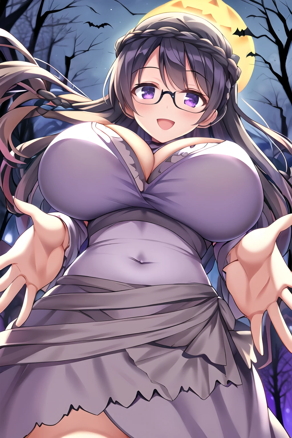 (1girl), (solo), (mummy costume), (black hair:1.1), (purple eyes), (braid), (glasses), (huge breast), (smile), (:d), (Intricate Iris Details), (outstretched arms), (reaching out), (Halloween), (Night), (Forest), (looking at viewer), (from below)