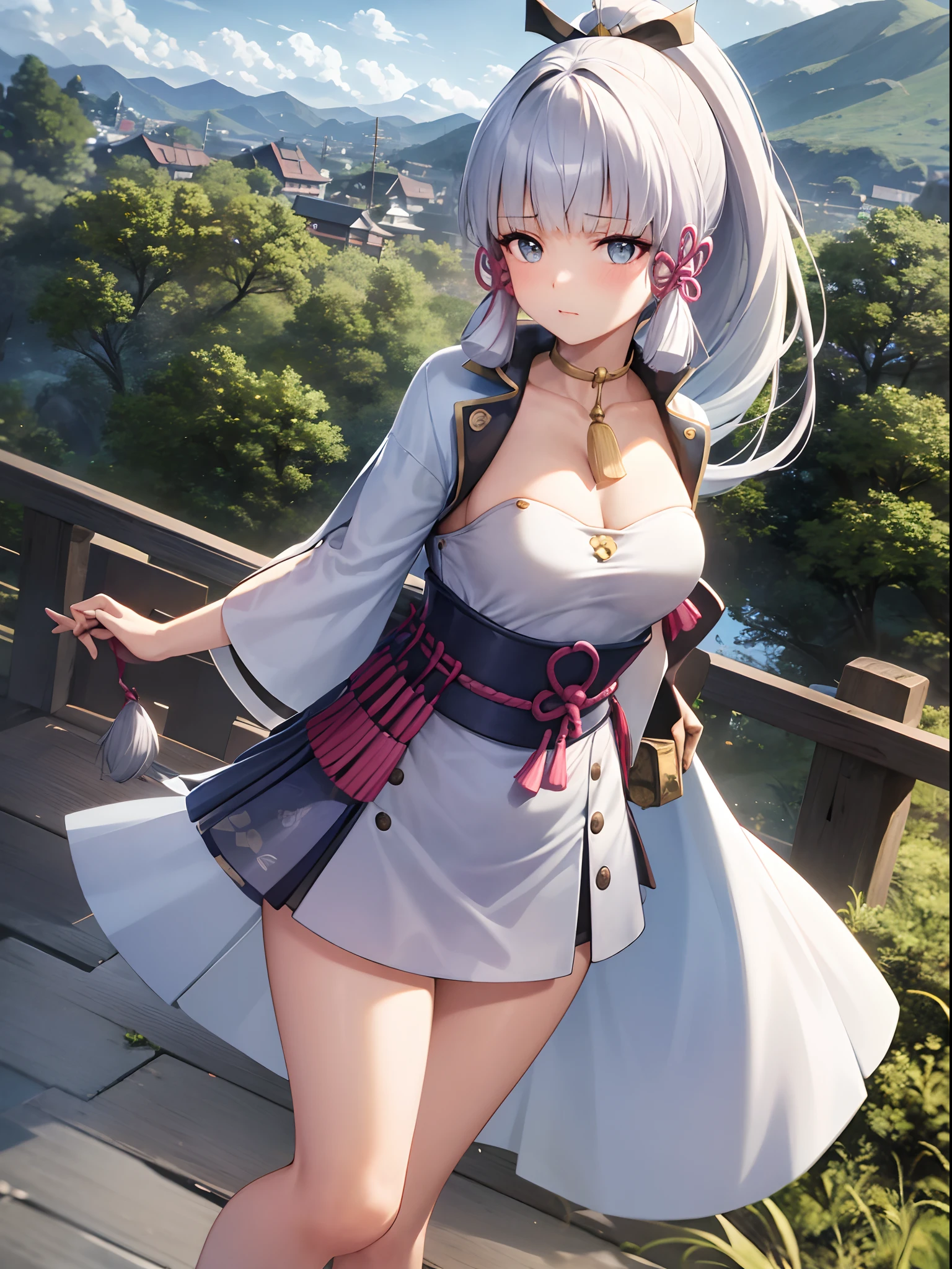 hight resolution, absurdres, best_Quality, Ultra_Detailled, 8K, extremely_clear, photo, beautiful, Beautiful face, Scharp Focus, HDR, 1girl, Clean eyes, very wide-eyed,old japanese town in the mountains in the background , Beautiful face, very red areola, standing , very seductive pose, very , no bra, bare chest,  , naked, No Top, NSFW, gray hair with ponytail, bare, no clothing, small tits